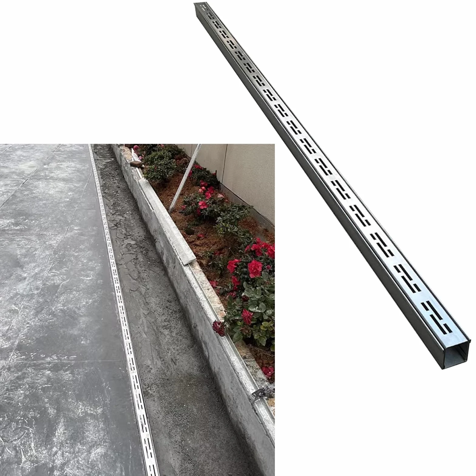Rów odpływowy ze stali nierdzewnej, zestaw odpływowy kanałowy do łazienki, kuchni, podwórka i podjazdu, trwały system odpływowy z kratkami (15 x 5 cm)