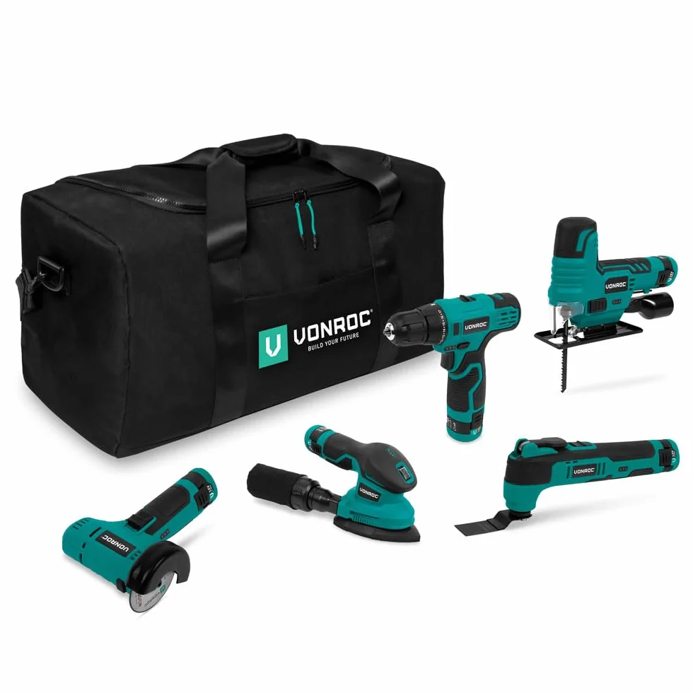 VONROC Zestaw Narzędzi 12V 5w1 – Wiertarko-Wkrętarka, Wyrzynarka, Multitool, Szlifierka, Szlifierka Kątowa, 5x Akumulator, USB-C, Torba (12V - 5 urządzenia)