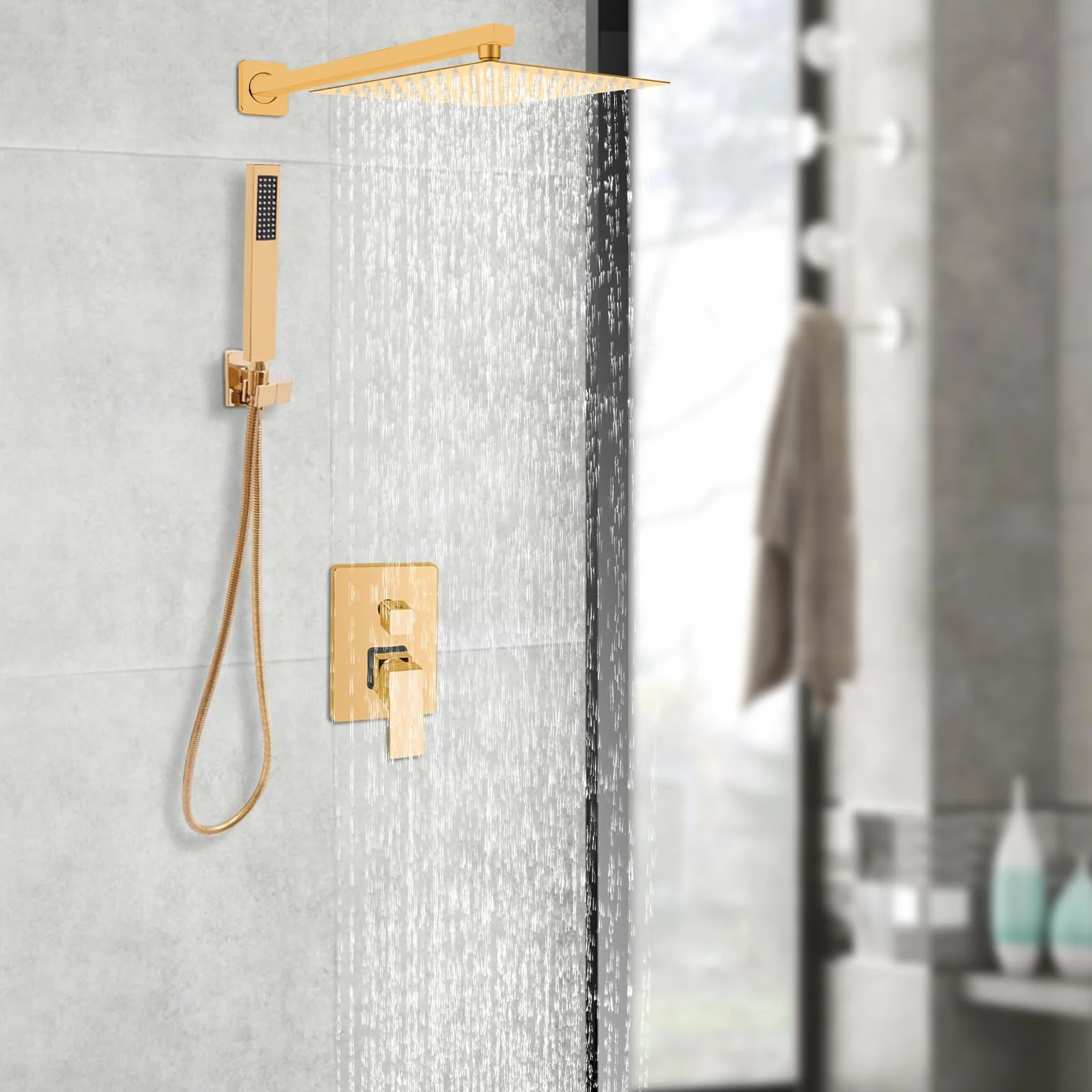 podtynkowa armatura prysznicowa zestaw z deszczownicą 20 x 20 cm, podtynkowa armatura prysznicowa, ultracienka, kwadratowa głowica prysznicowa, słuchawka prysznicowa z mosiądzu, montaż na