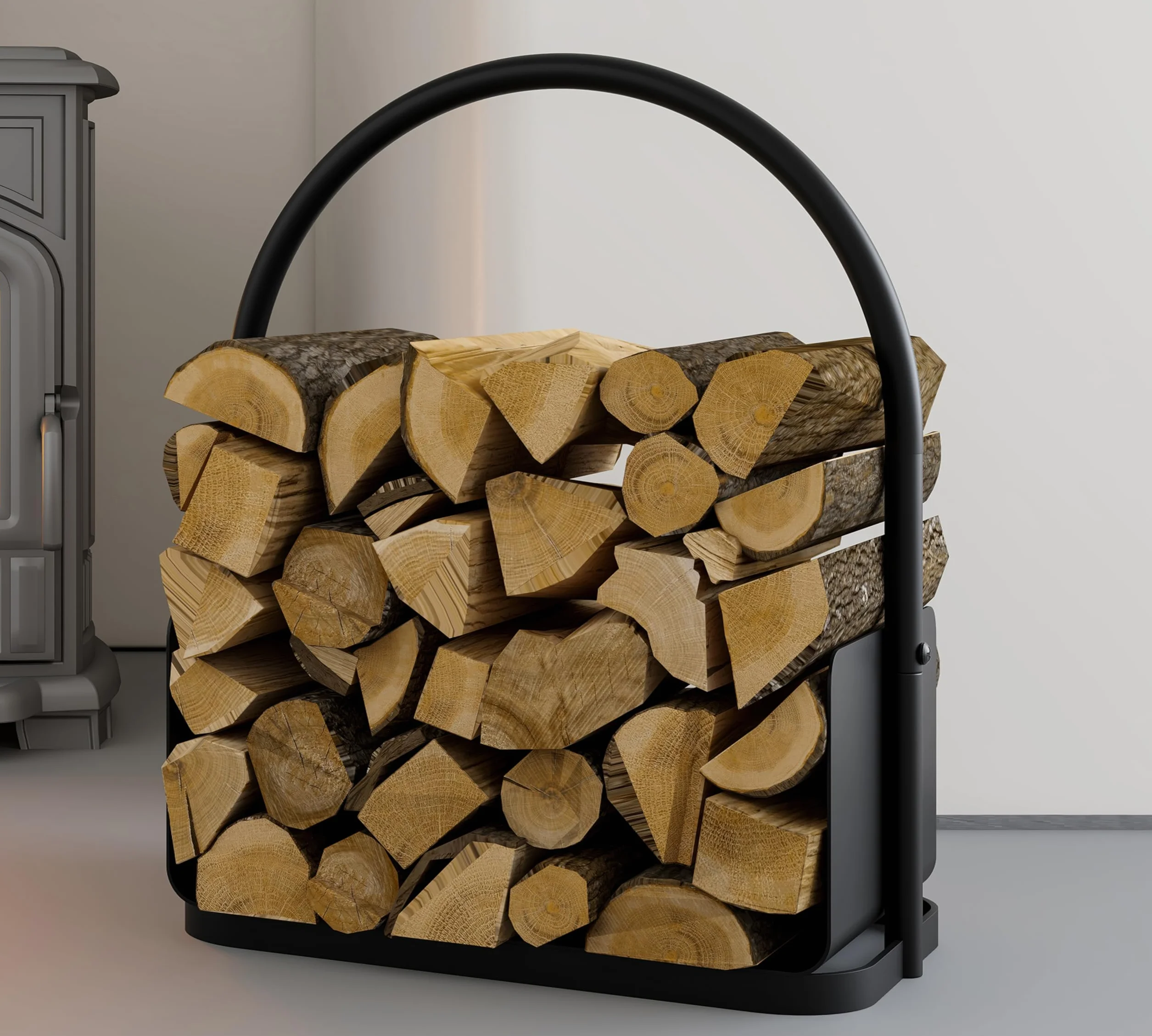 Kingson Kosz na drewno opałowe – Czarny stalowy nośnik polan z powłoką proszkową z uchwytem i podwyższoną krawędzią – 42x28x42cm – Stojak do przechowywania drewna kominkowego do wnętrz i na zewnątrz