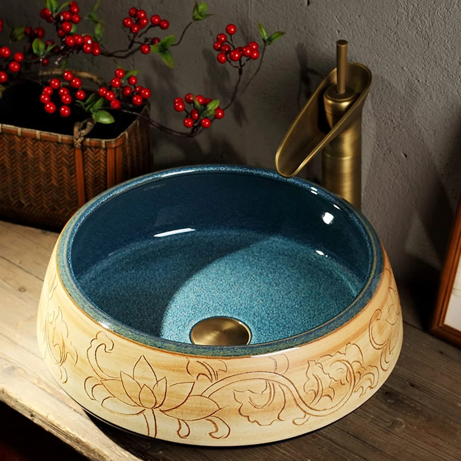 Ceramiczna Umywalka Łazienkowa, Ceramiczna Umywalka Nablatowa, Okrągła, Grawerowana Umywalka Łazienkowa, Artystyczna Umywalka Nablatowa 41 * 41 * 15 Cm, Minimalistyczna Umywal,Green Singlebasin