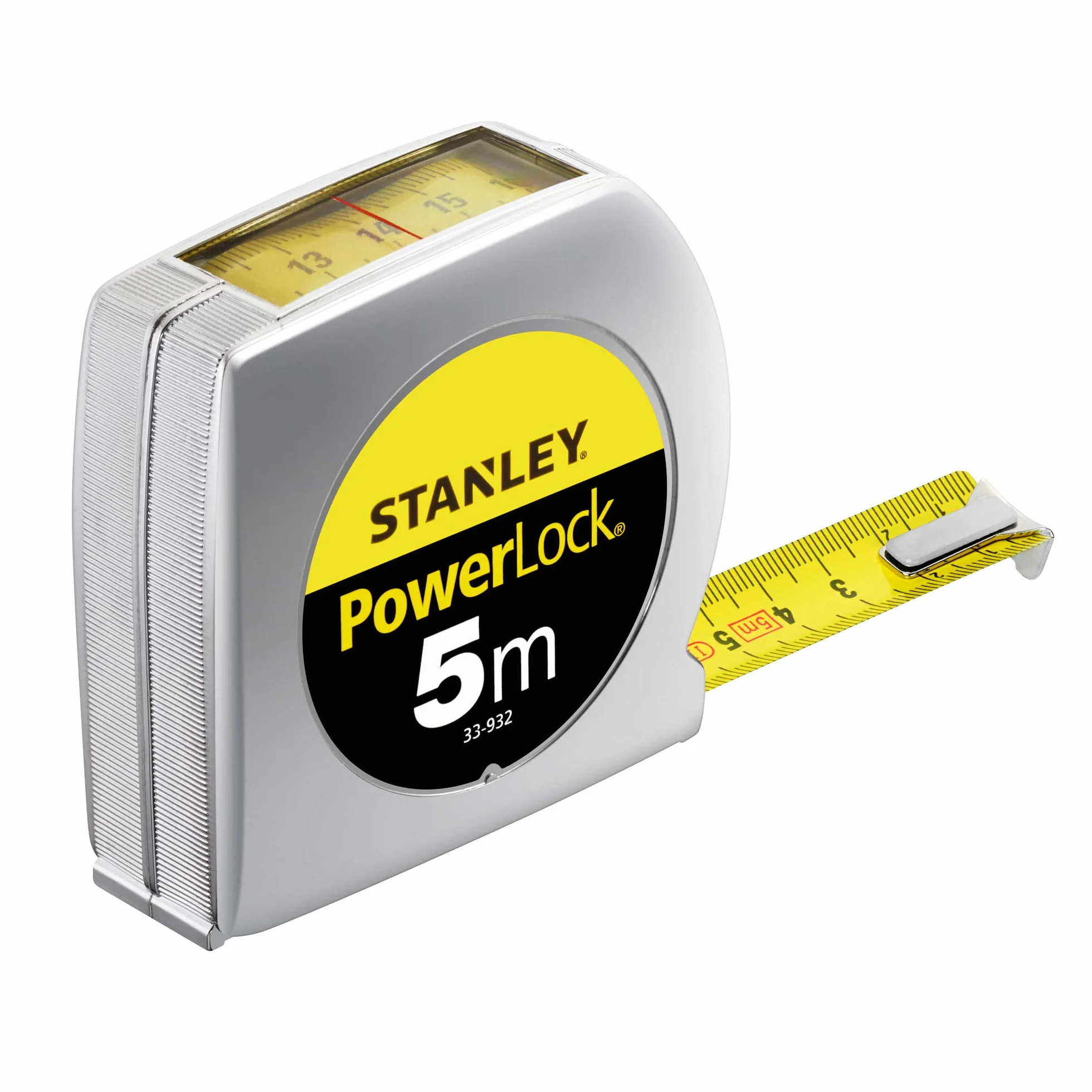 Stanley Powerlock 0-33-932 taśma miernicza 5 m (z okienkiem, bardzo mocna taśma, warstwa ochronna z mylaru, chromowana, klips do paska)