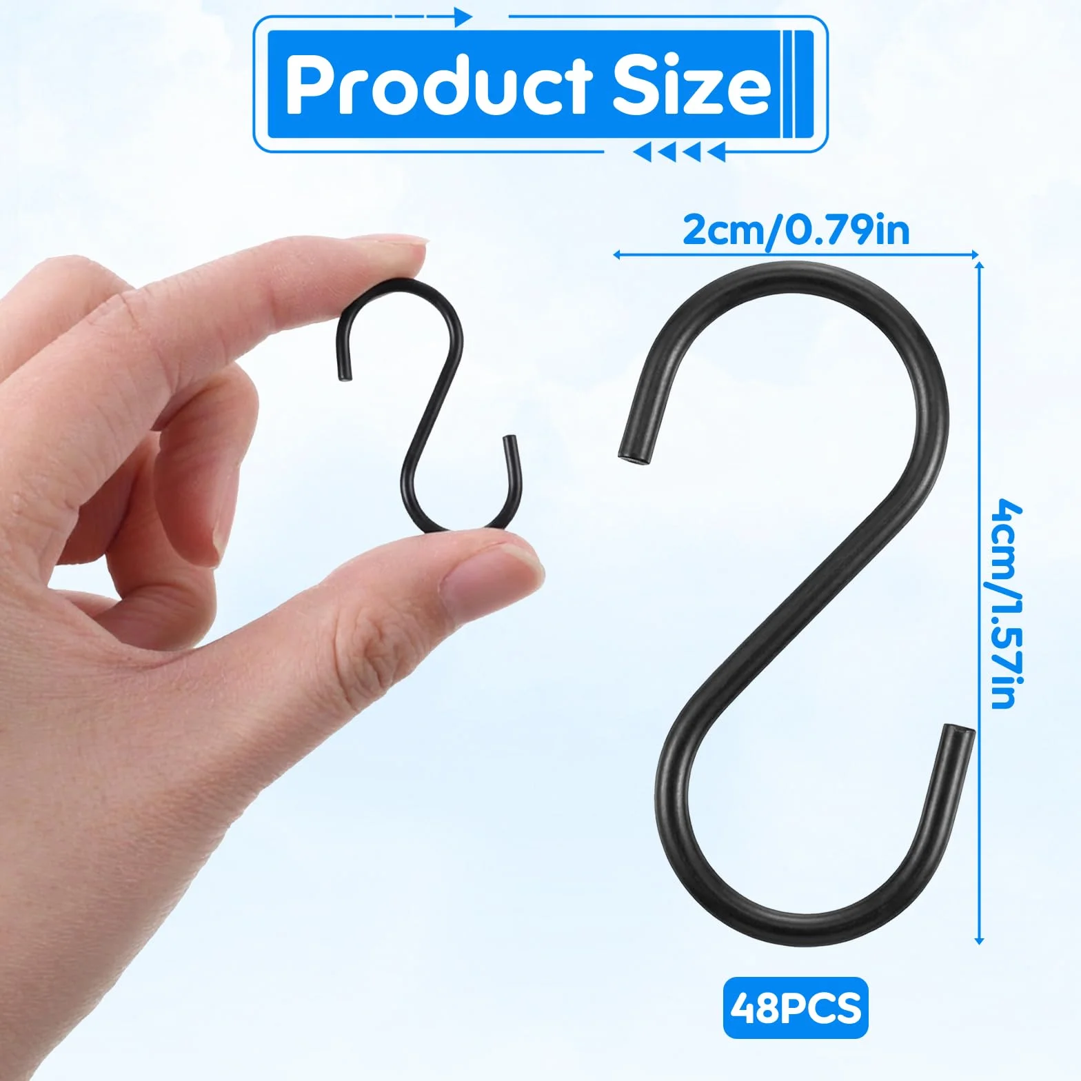 Larrel 48 sztuk haczyków w kształcie litery S, metalowe haki 2 x 4 cm, S metalowe haki do zawieszenia, Smetalowe haczyki do kuchni, łazienki, szafy, ogrodu, biura, garderoby (czarne)