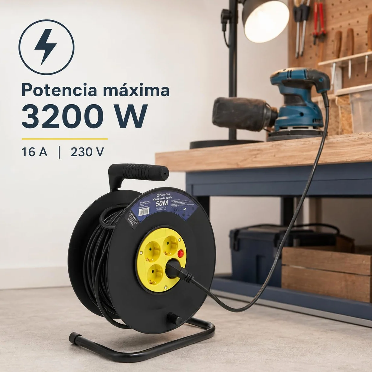 M mimotec - Zewnętrzny zwijacz kabla 50 m 4 gniazda 3200W 16A | Kabel H05VV-F 3G1,5 mm² | Ochrona dzieci | Przedłużacz elektryczny do ogrodu, garażu i warsztatu