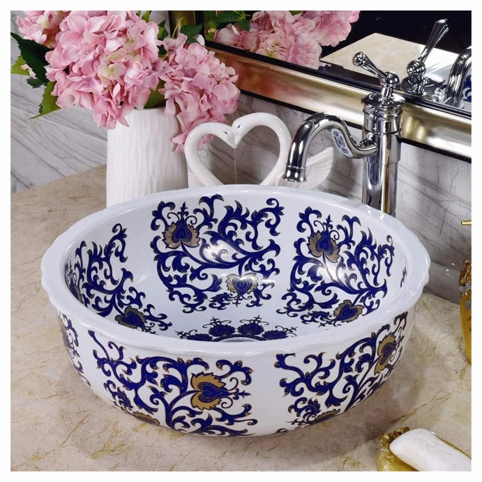 Szafka Pod Umywalkę Z Umywalką, Umywalka Nablatowa, Artystyczna Ceramiczna Umywalka Łazienkowa, Ręcznie Malowana Umywalka Nablatowa Z Porcelany Vintage