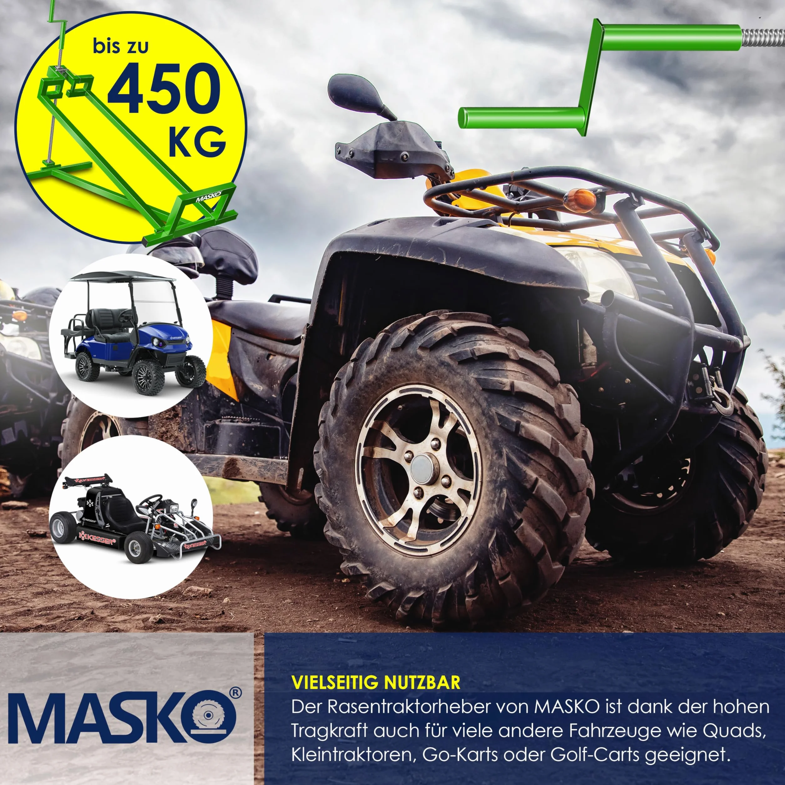 MASKO® Podnośnik do traktora ogrodowego XXL, 450 kg, podnośnik do kosiarki, uniwersalny podnośnik do traktora, regulowany kąt nachylenia 45°, w zestawie rękawice robocze i szczotka, zielony
