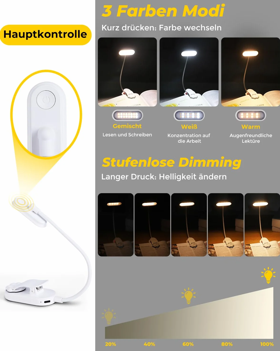 Bonsery Lampa do czytania książek, zacisk 360°, elastyczna, USB C, 16 diod LED, z bezstopniowym ściemnianiem i 3 dopasowaniem kolorów, lampka zaciskowa, lampka do czytania w nocy, biała