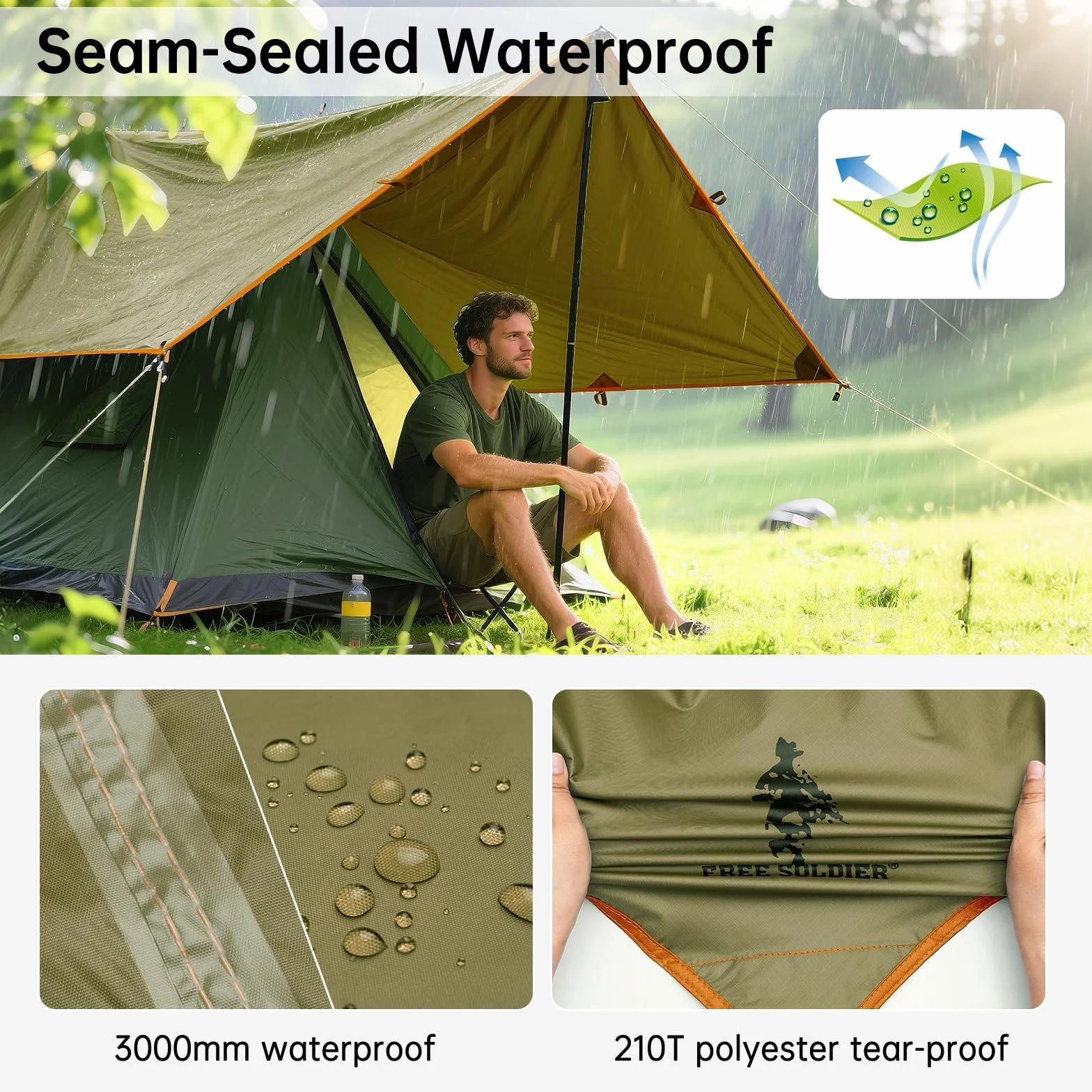 FREE SOLDIER Tarp wodoszczelna plandeka 4 x 4 m, ultralekka plandeka namiotowa, ochrona przed promieniowaniem UV, na kemping, kemping, wędrówki, aktywności na świeżym powietrzu