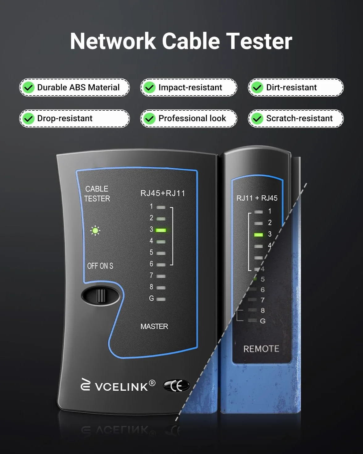 VCELINK Tester kabli sieciowych, tester RJ45 LAN do kabli CAT7, CAT6, CAT5E, CAT5 i kabla telefonicznego RJ11, czarny, 1 sztuka