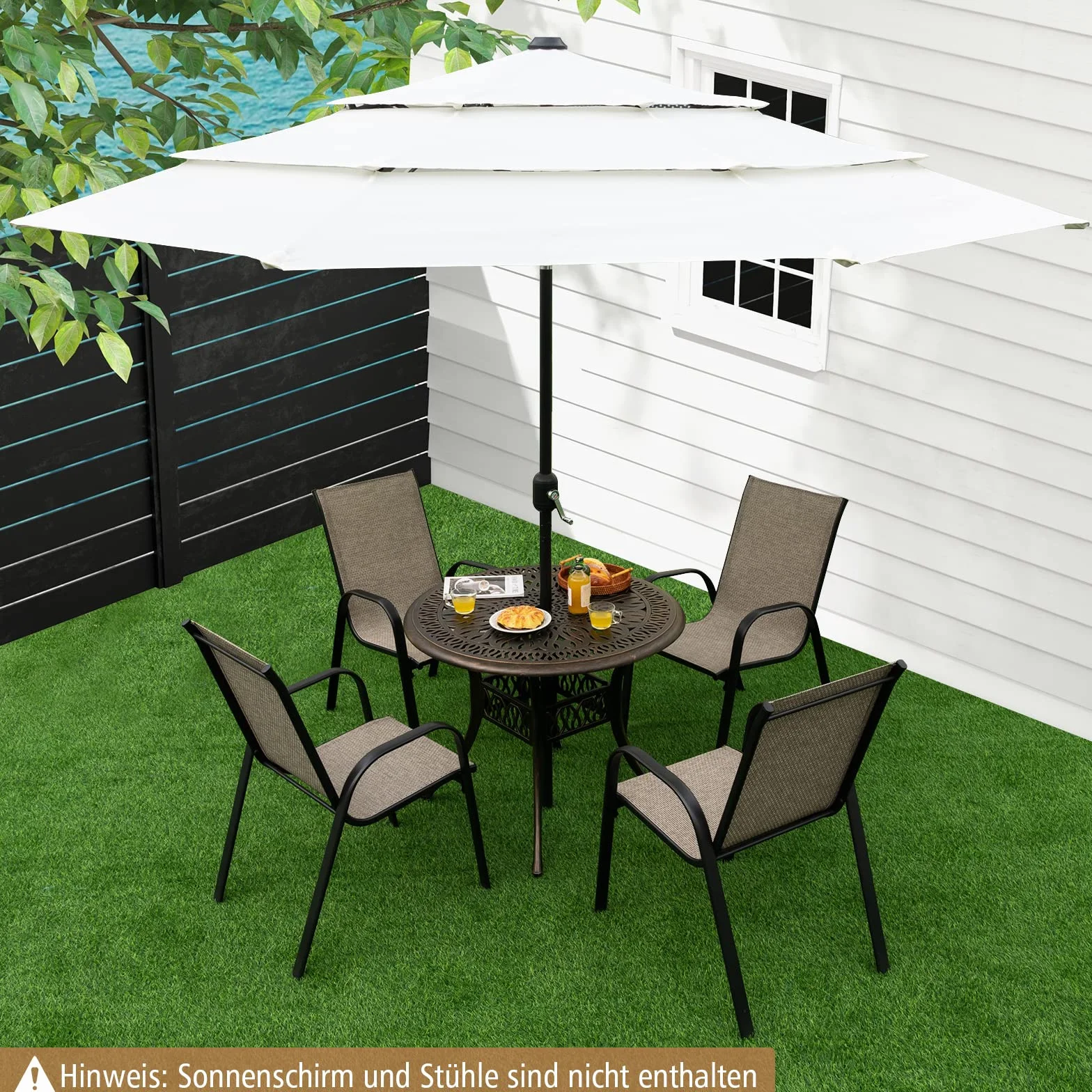 COSTWAY Stół ogrodowy z otworem na parasol, Ø 90 cm, okrągły stół balkonowy z odlewu aluminiowego, odporny na warunki atmosferyczne, stół tarasowy do ogrodu, antyczny wygląd, 90 x 90 x 74 cm