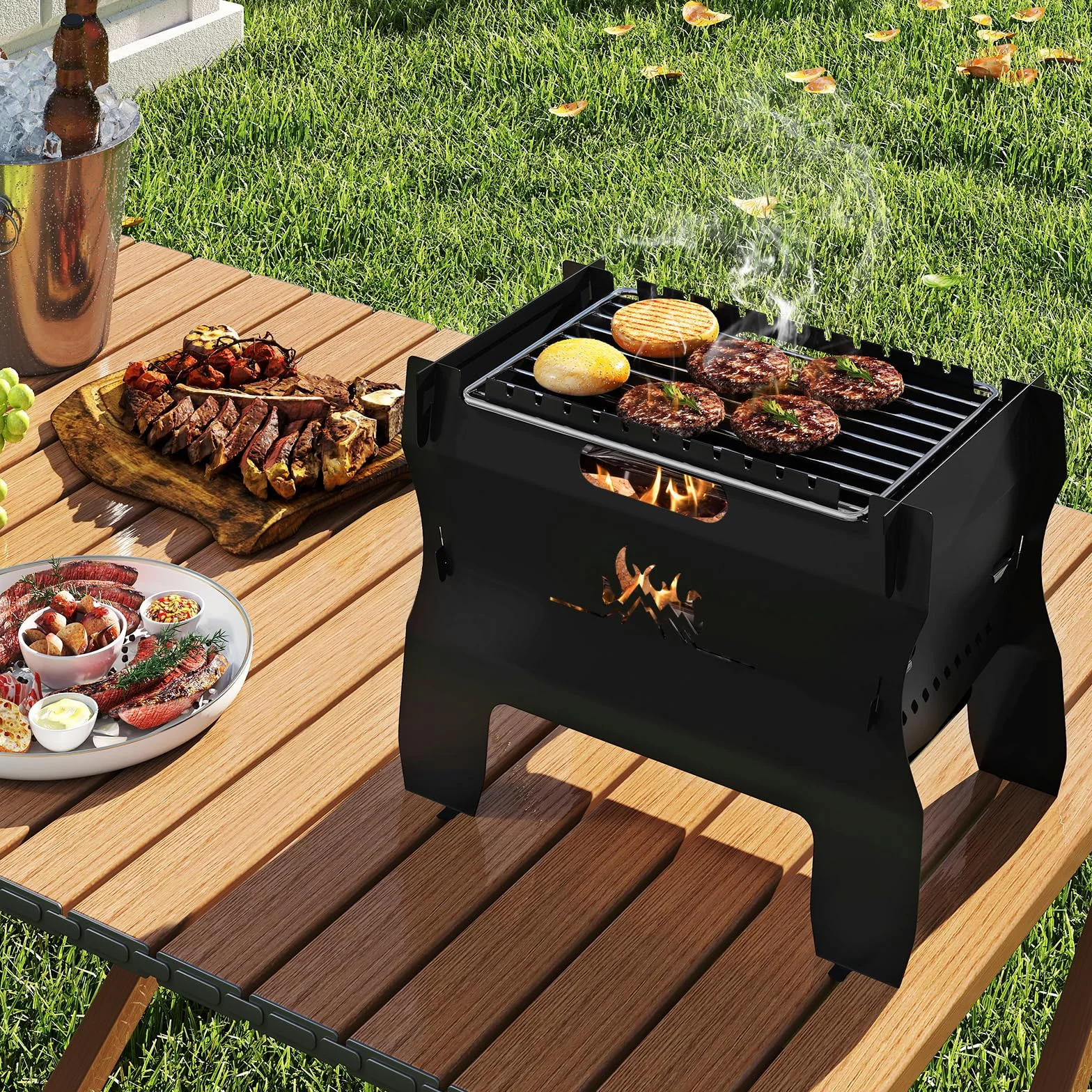 COSTWAY 2w1 Grill na Węgiel Drzewny i Gazowy, Przenośny Palenisko ze Stali Nierdzewnej z Torbą