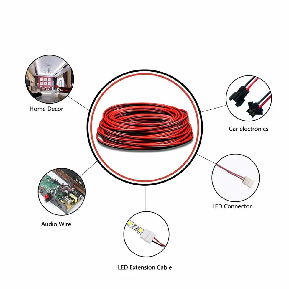 22AWG przewód elektryczny, 0,33 mm², ocynkowany drut miedziany, 2-żyłowy kabel PCW do pasków LED (10 m, czarny + 10 m czerwony)