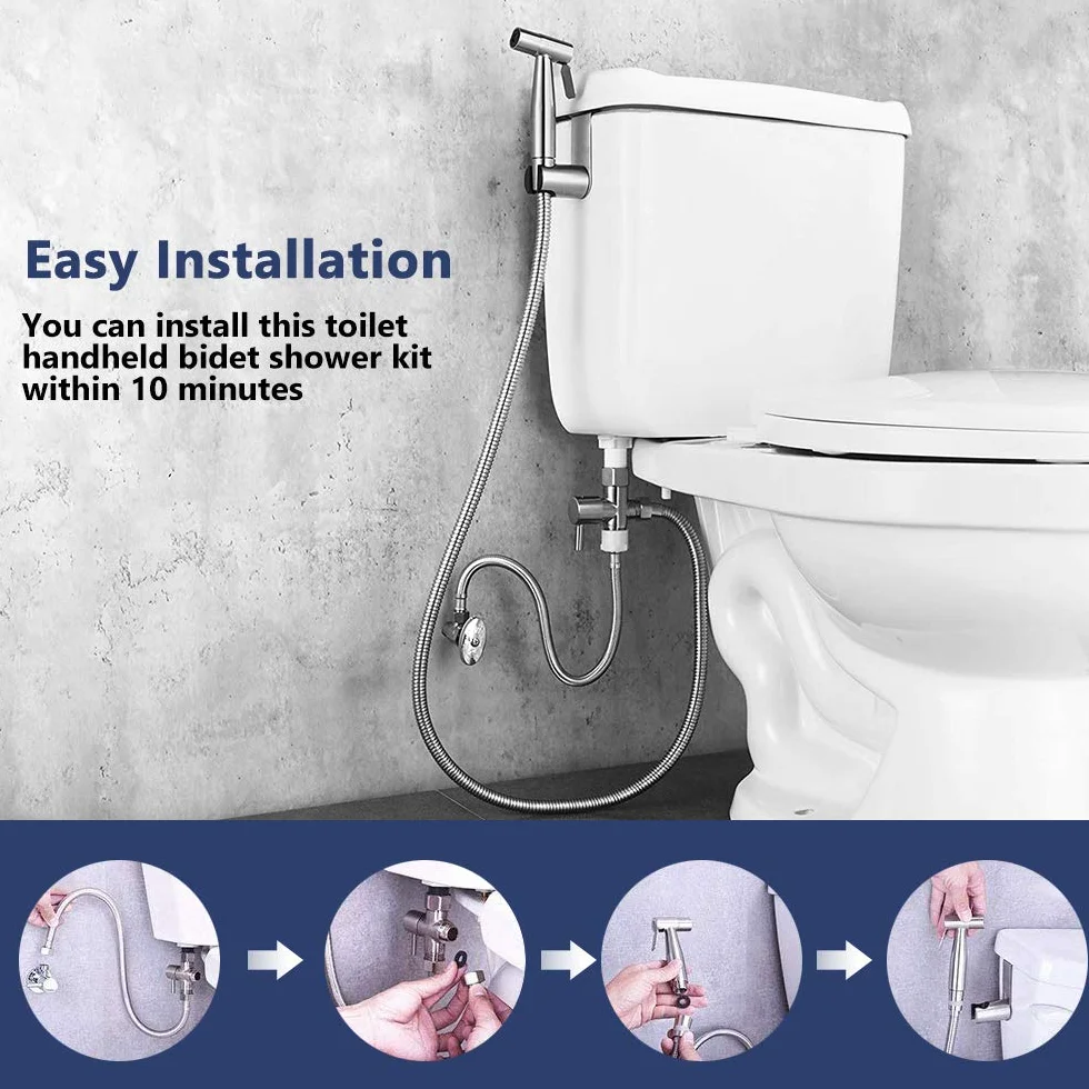 Zestaw do spryskiwacza bidetowego, ze stali nierdzewnej szattaf toaleta bidet głowica łazienka tkanina pieluchy myjka do higieny osobistej, czyszczenia toalety, kąpieli dla zwierząt domowych (w tym adapter T-)