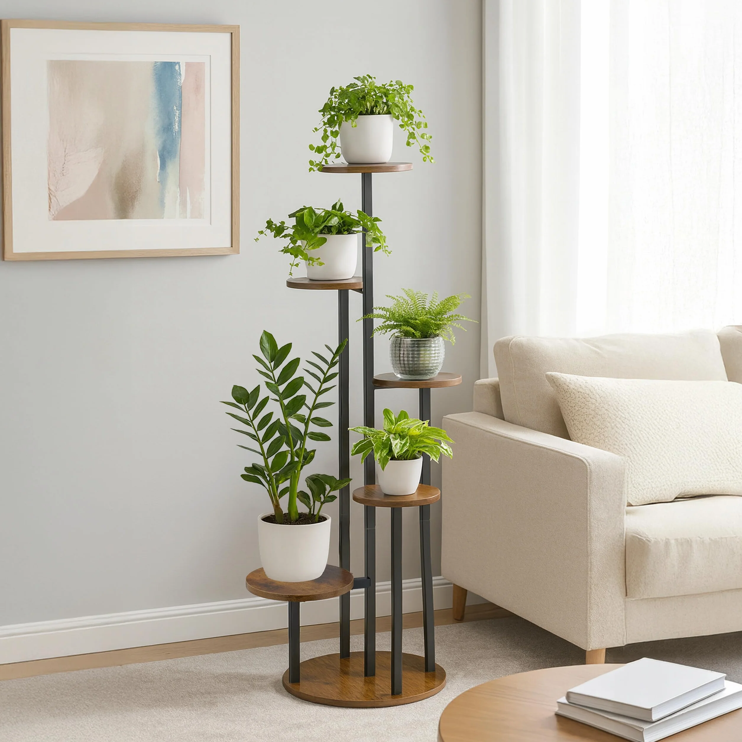 Relaxdays Regał na rośliny 5 gniazd żelazo MDF 118,5 x 58 x 58 cm czarny brązowy