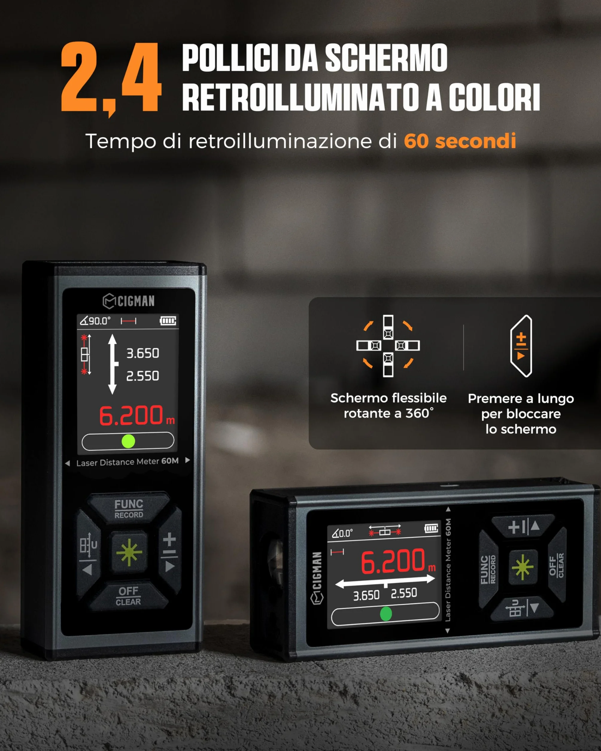 Dwustronny dalmierz laserowy zielony, wielofunkcyjny dalmierz laserowy CIGMAN 120m/390Ft z wyświetlaczem LCD, funkcją przyciągania magnetycznego, czujnikiem kąta, trybem Pitagorasa, obszarem i objętoś