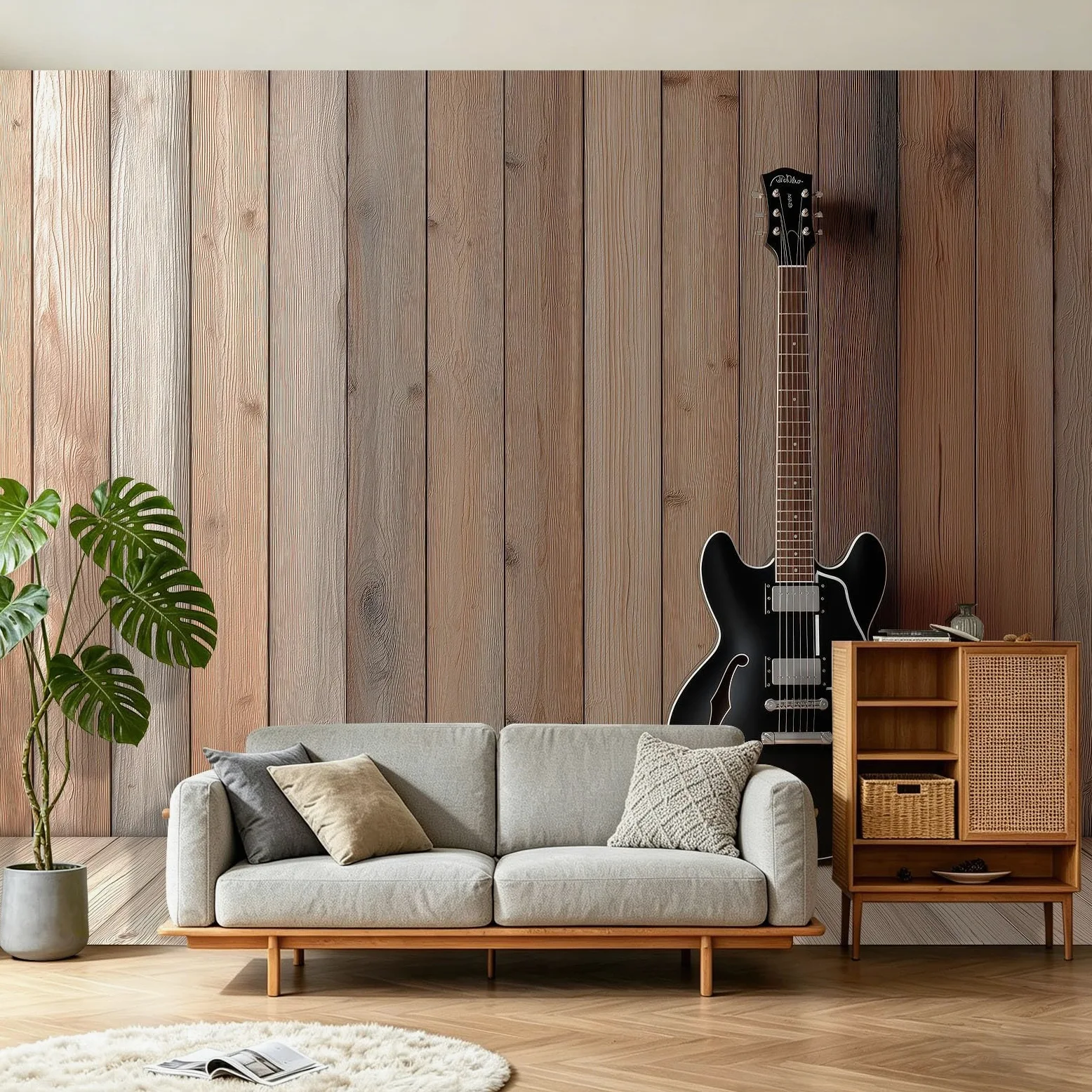 Przemysłowe fototapety Gitara Ściana Drewniane Narzędzie Czarny Kolor Tapeta Włóknina Dekoracja Salon Sypialnia Muzycy, 350 x 256 cm