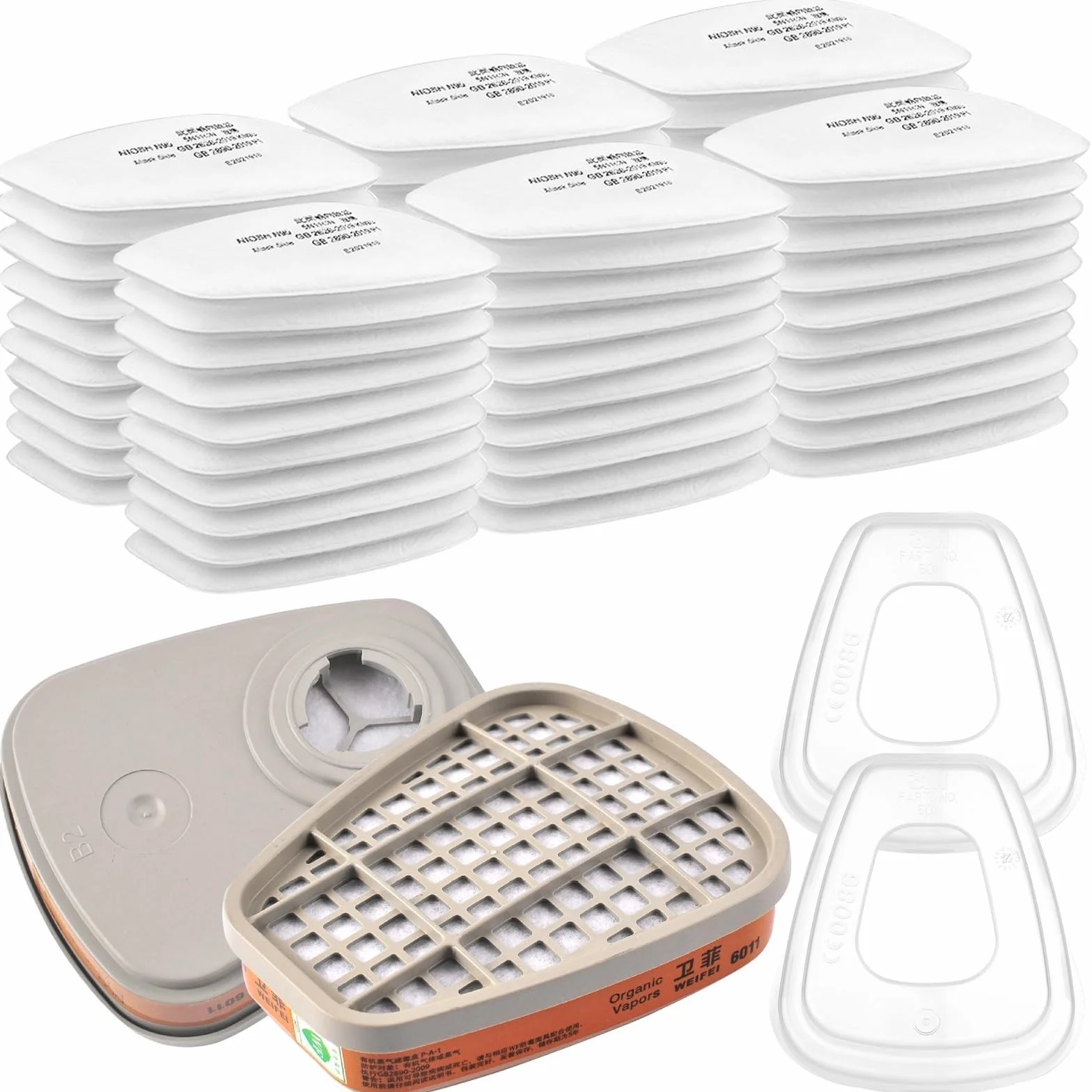 XMSZQU Zestaw 64 filtrów przeciw oparom organicznym, filtry bawełniane, 2 filtry + 60 filtrów z bawełny filtracyjnej i 2 zaślepki dla rzemieślników, majsterkowiczów, natryskiwaczy, biały