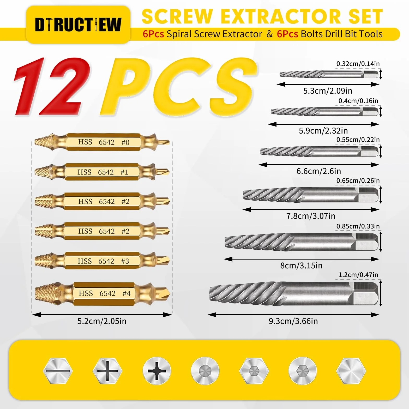 Zestaw 12 wykrętaków do śrub z łbem walcowym Zestaw wykrętaków do śrub Easy Out, zestaw wykrętaków HSS 6542, do usuwania zerwanych śrub i śrub
