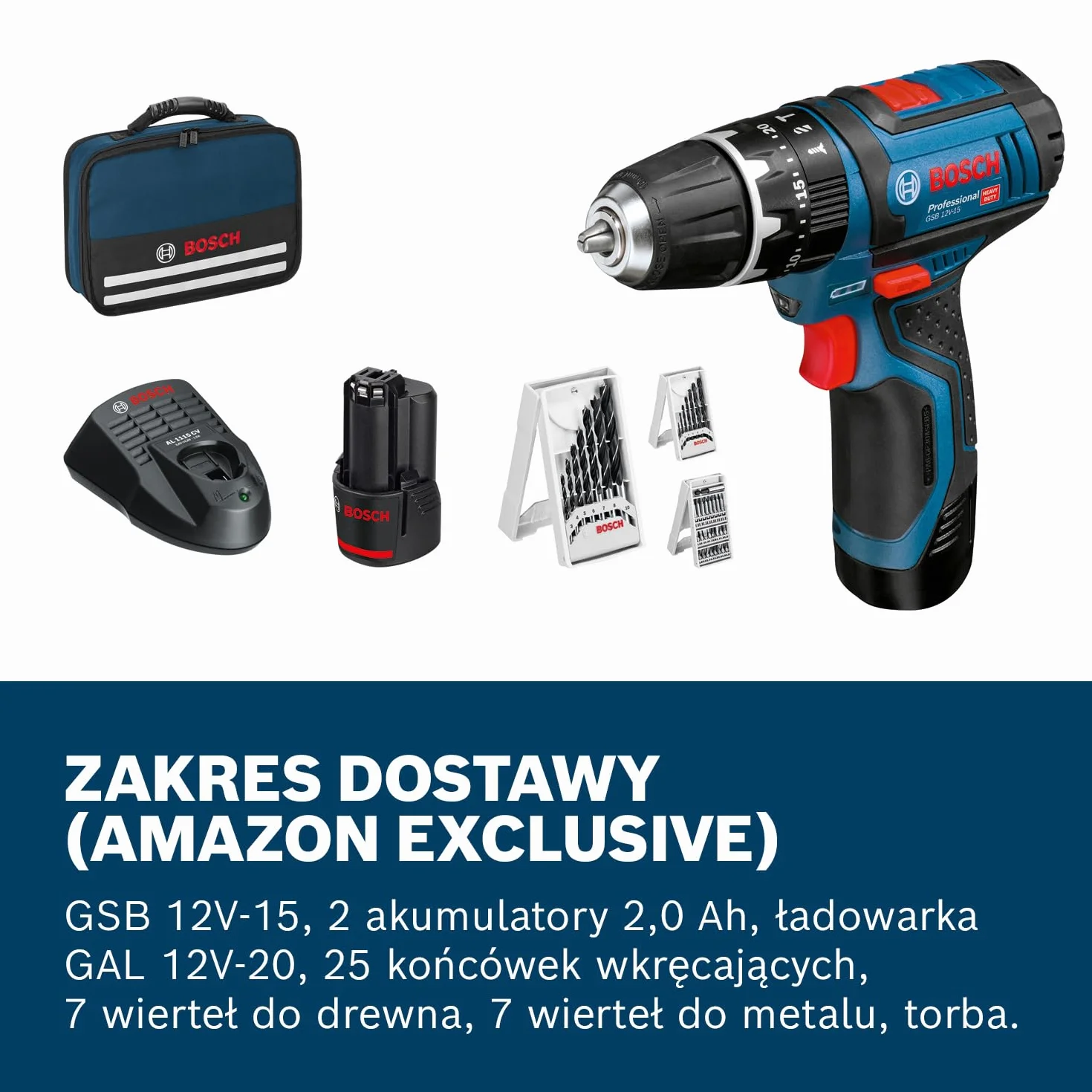 Akumulatorowa wiertarko-wkrętarka udarowa GSB 12 V-15 | 2 x akumulator 2,0 Ah w torbie i akcesoriach
