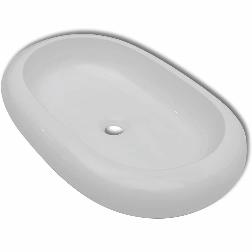 Ceramiczna umywalka owalna biała z zestawem baterii mieszającej | Wykończenie na wysoki połysk, otwór odpływowy 4,5 cm, konstrukcja z mosiądzu, chromowana powierzchnia, akcesoria montażowe