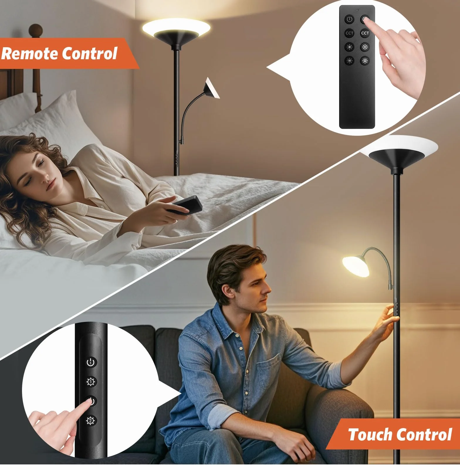 BBHome Lampa podłogowa LED do salonu, ściemniania, 27 W, lampa do czytania 6 W, nowoczesna lampa podłogowa z pilotem i dotykiem, do salonu, sypialni, biura