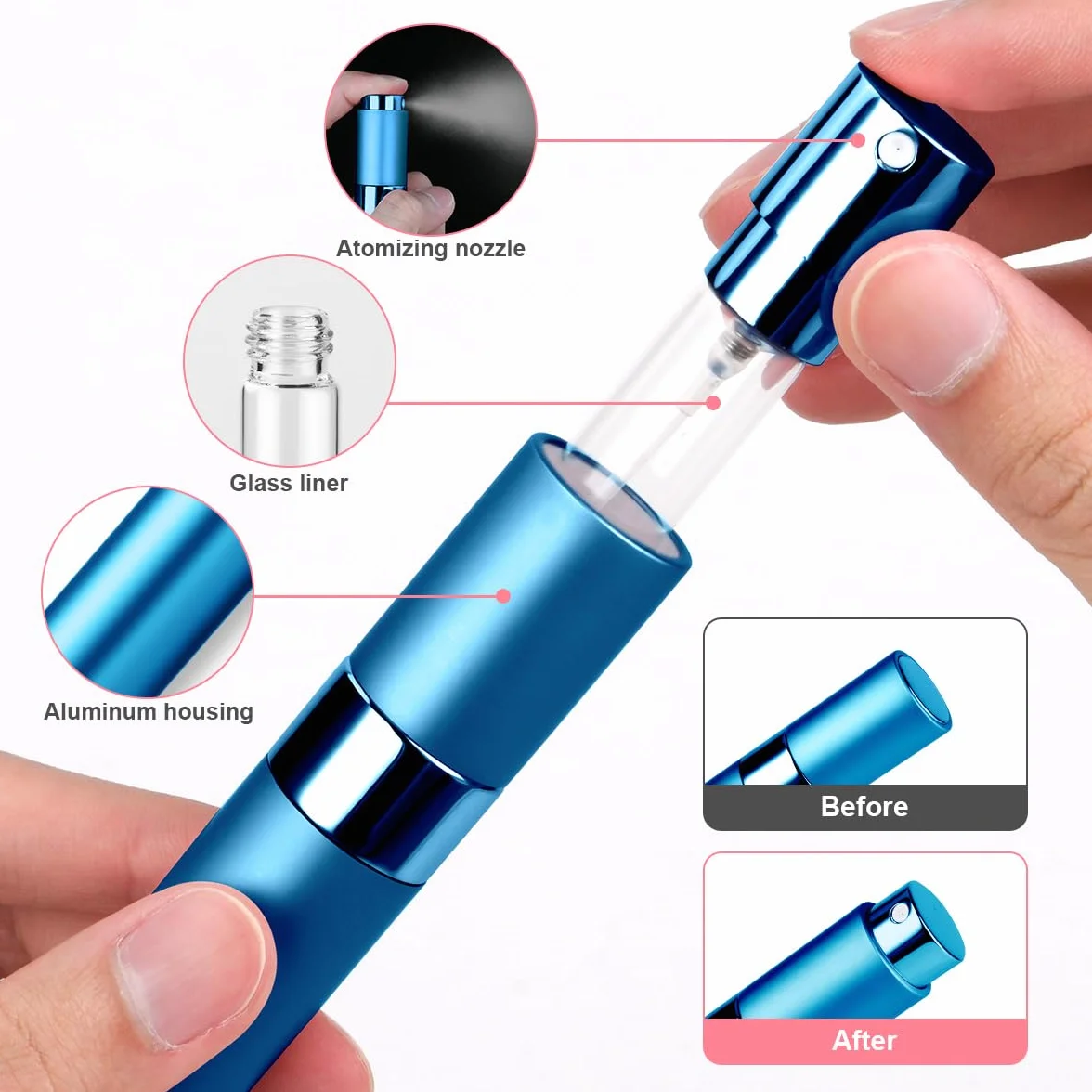 ACWOO Mini Rozpylacz do Perfum, 3 Sztuki 10ml - Przenośna Butelka z Atomizerem do Ponownego Napełnienia na Podróż Samolotem, Lekka i Wytrzymała