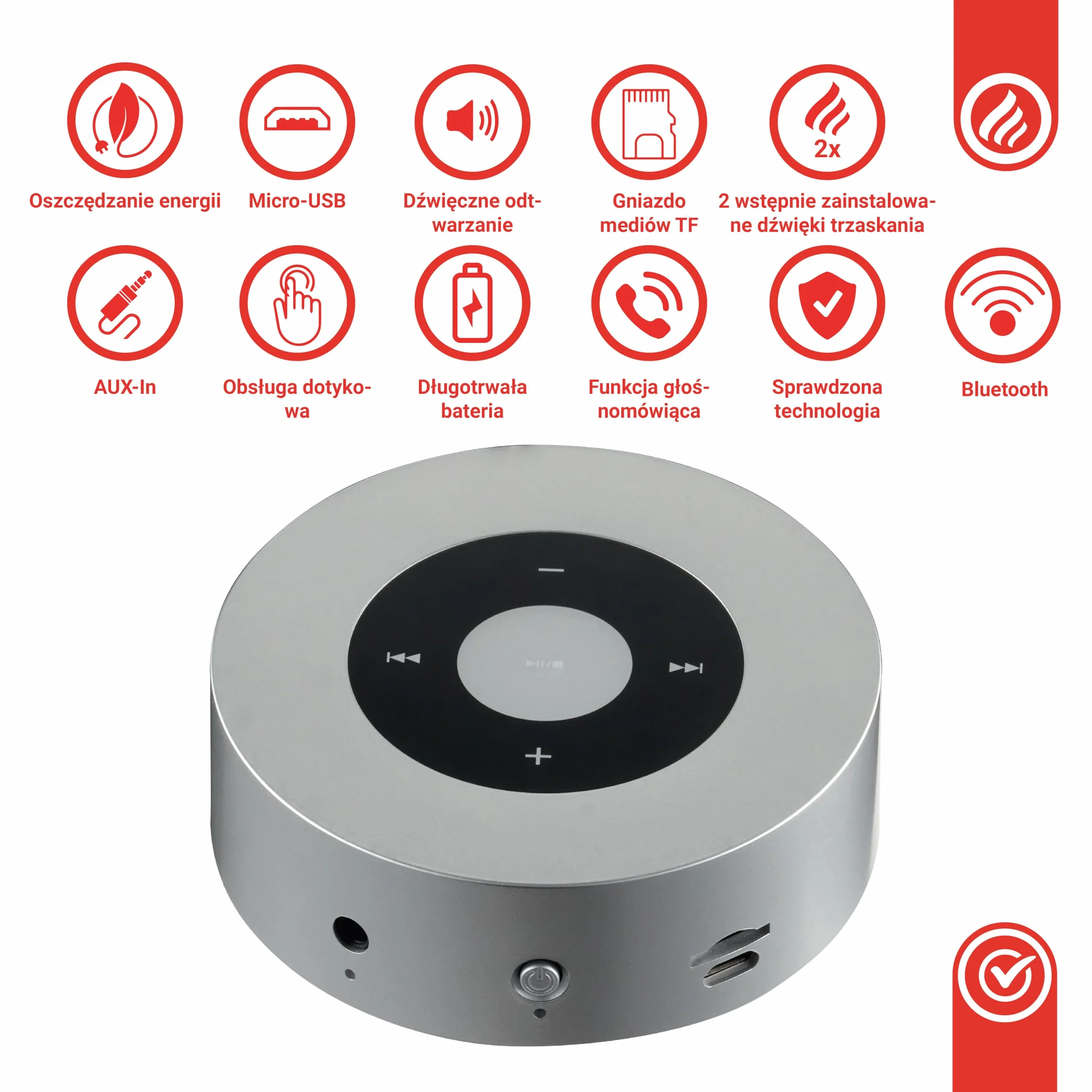 KAMINIO Głośnik z efektem trzaskania MORITZ - Mocny głośnik z dźwiękami ognia kominkowego, Bluetooth, AUX, mikrofonem, akumulatorem - Srebrny