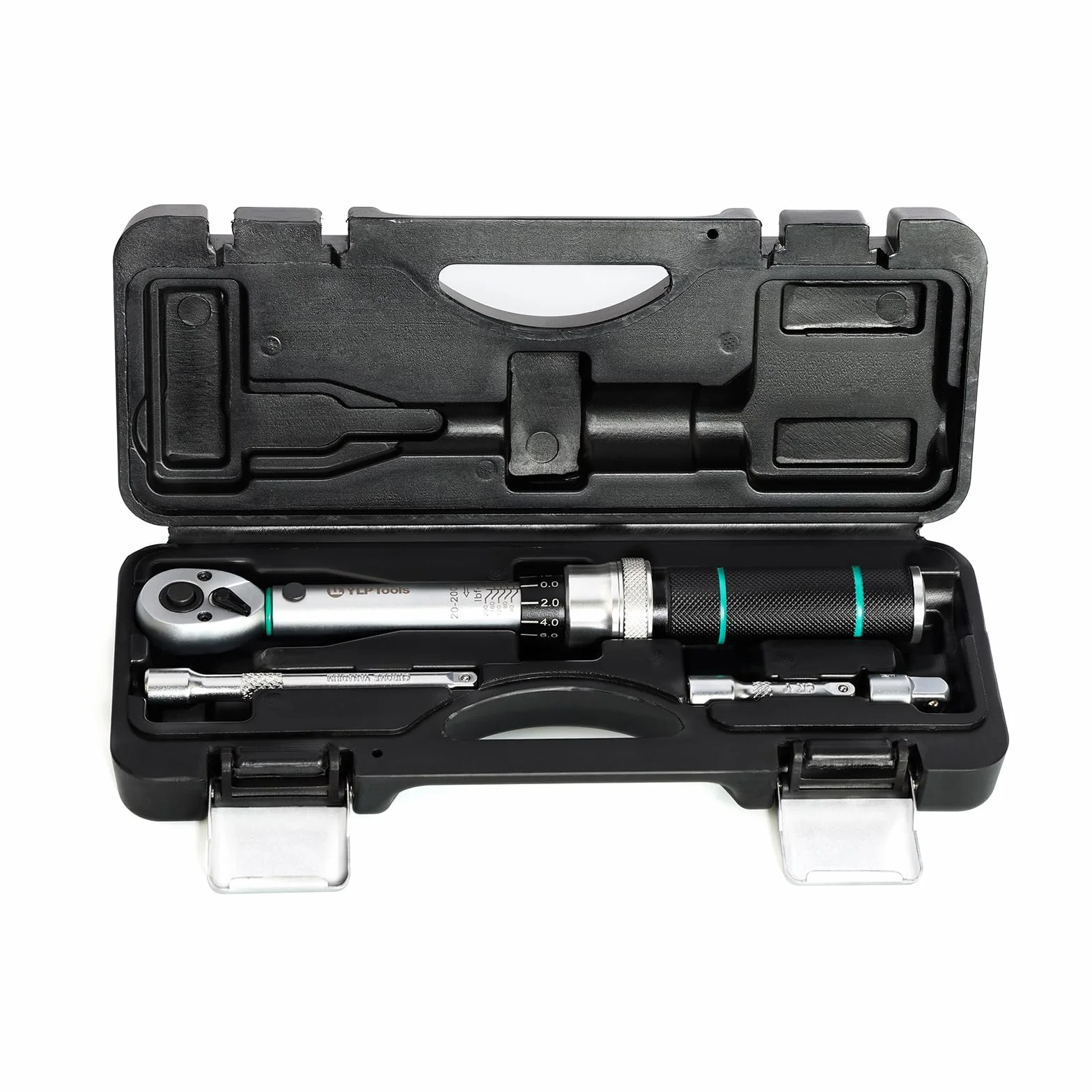 Zestaw kluczy dynamometrycznych 1/4 cala, 50.8-508.0 cm-lb (2,26-22,6 Nm), dokładność ± 3%, 4-częściowy zestaw z adapterami, drążkiem przedłużającym i etui do przechowywania