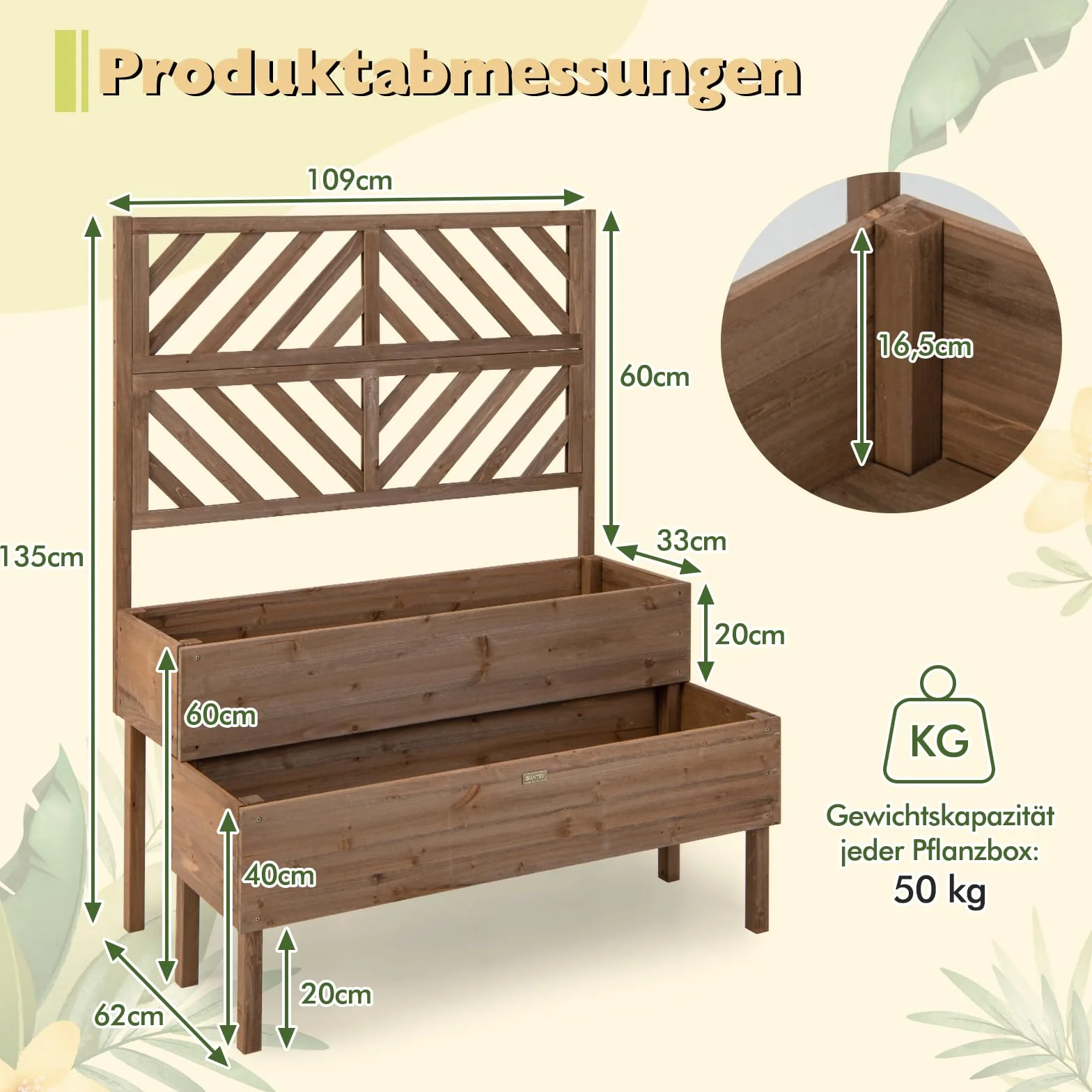 COSTWAY Skrzynka na kwiaty z pergolą z drewna jodłowego, pergola ogrodowa z 2 skrzynkami na rośliny pnące, podwyższona grządka z kratką dla roślin pnących i otworem drenażowym, donica na kwiaty do