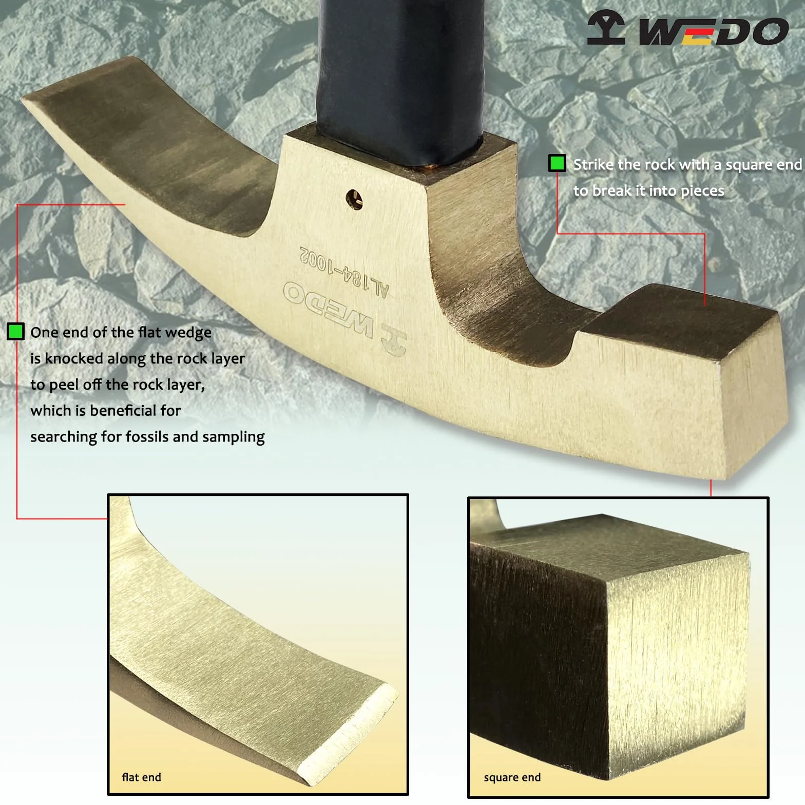 WEDO Młotek do wytrychów, geolog nieparujący, młotek murarski, brąz aluminiowy, główka 800 g, długość 340 mm, kute narzędzie murarskie, uchwyt z włókna szklanego, certyfikat BAM