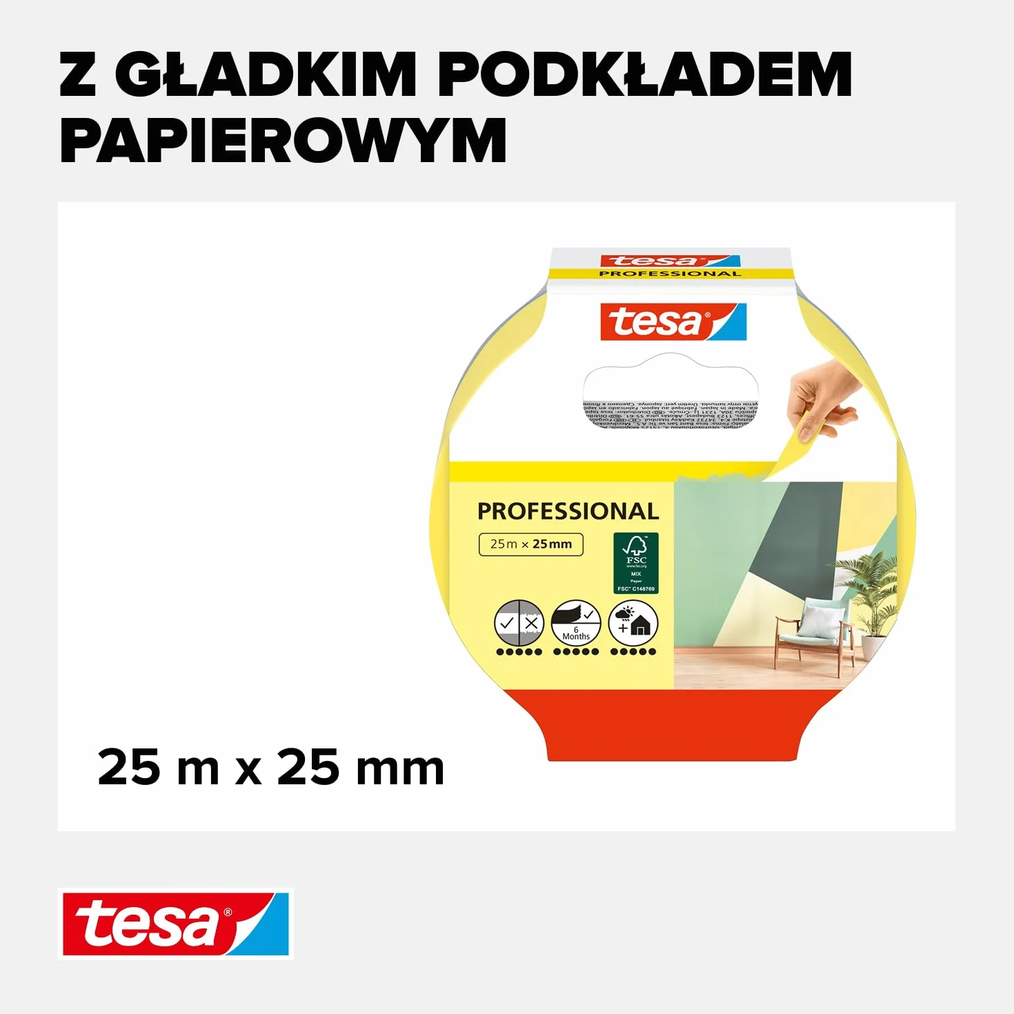 tesa Professional - malarska taśma maskująca z cienkiego papieru Washi do wyjątkowo precyzyjnego maskowania podczas malowania - do stosowania wewnątrz i na zewnątrz - 25m x 25mm