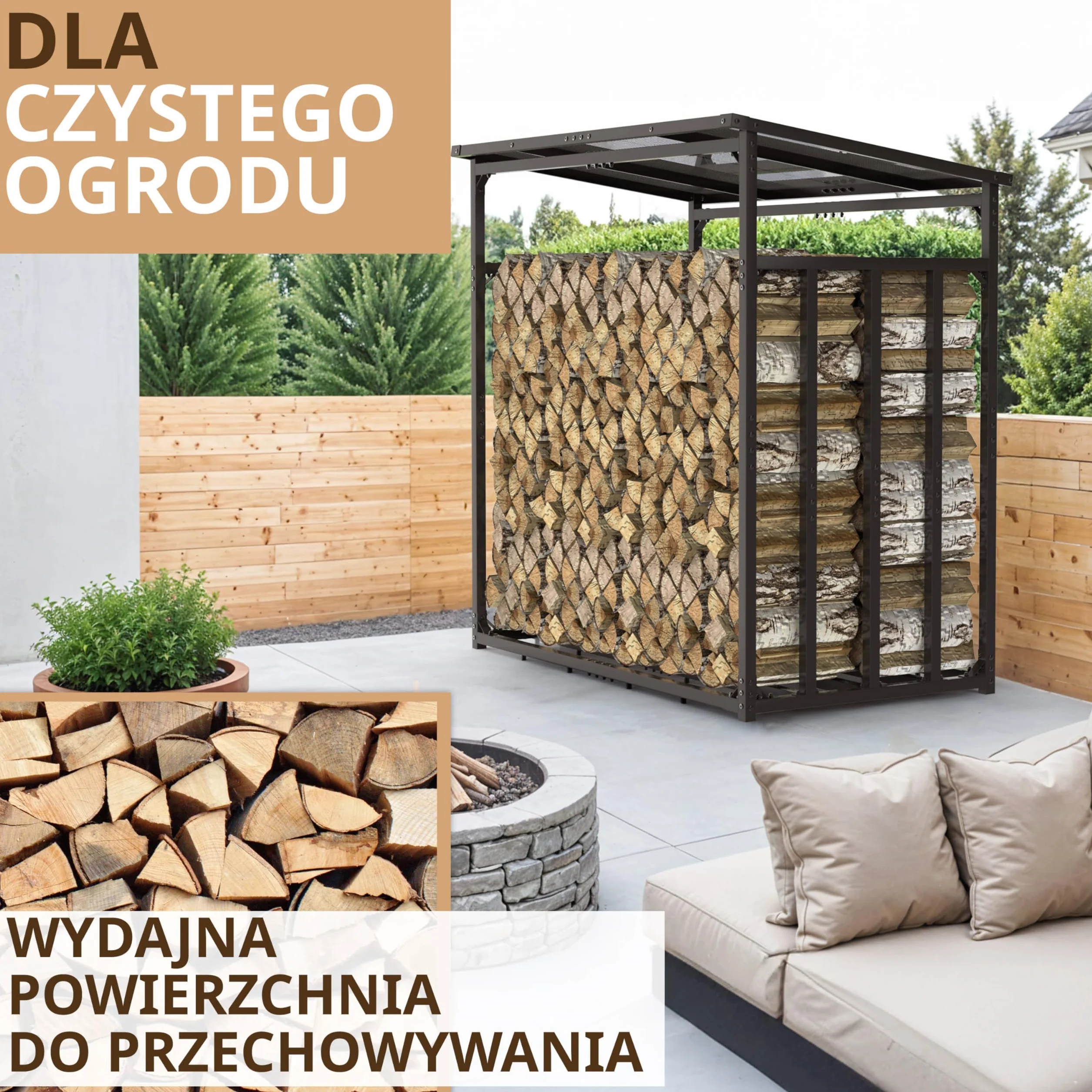 Stojak regał na drewno kominkowe 185x105x185 cm metalowy ocynkowany zadaszony antracytowy 3,5 t 5,25 m³