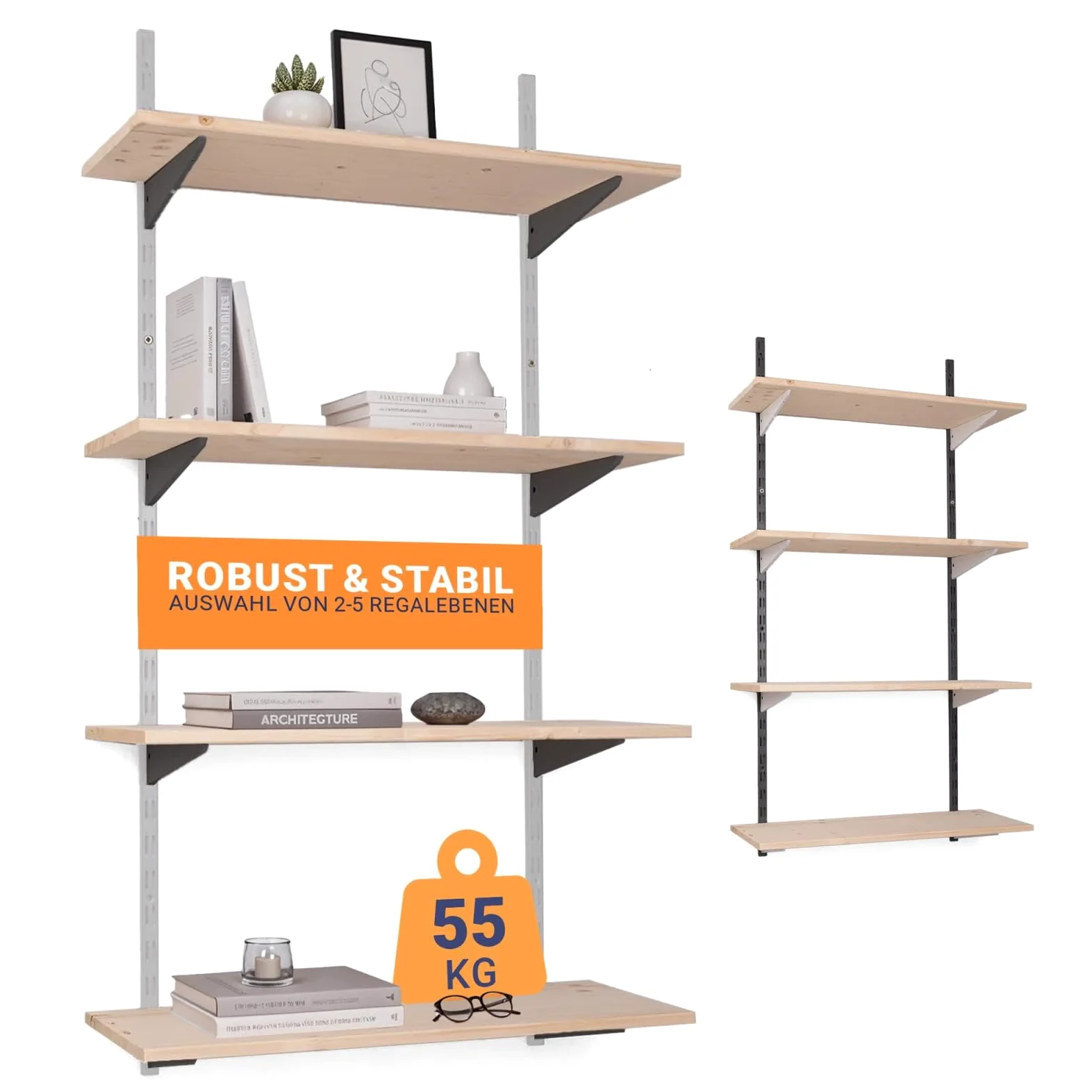 · Regał ścienny zestaw do montażu z podłogą · wysokość: 100 cm · 4 poziomy o wymiarach 80 x 25 cm (szer. x gł.) · kolor: biały/czarny · 42 warianty · stalowy wspornik regałowy · łatwy montaż ·