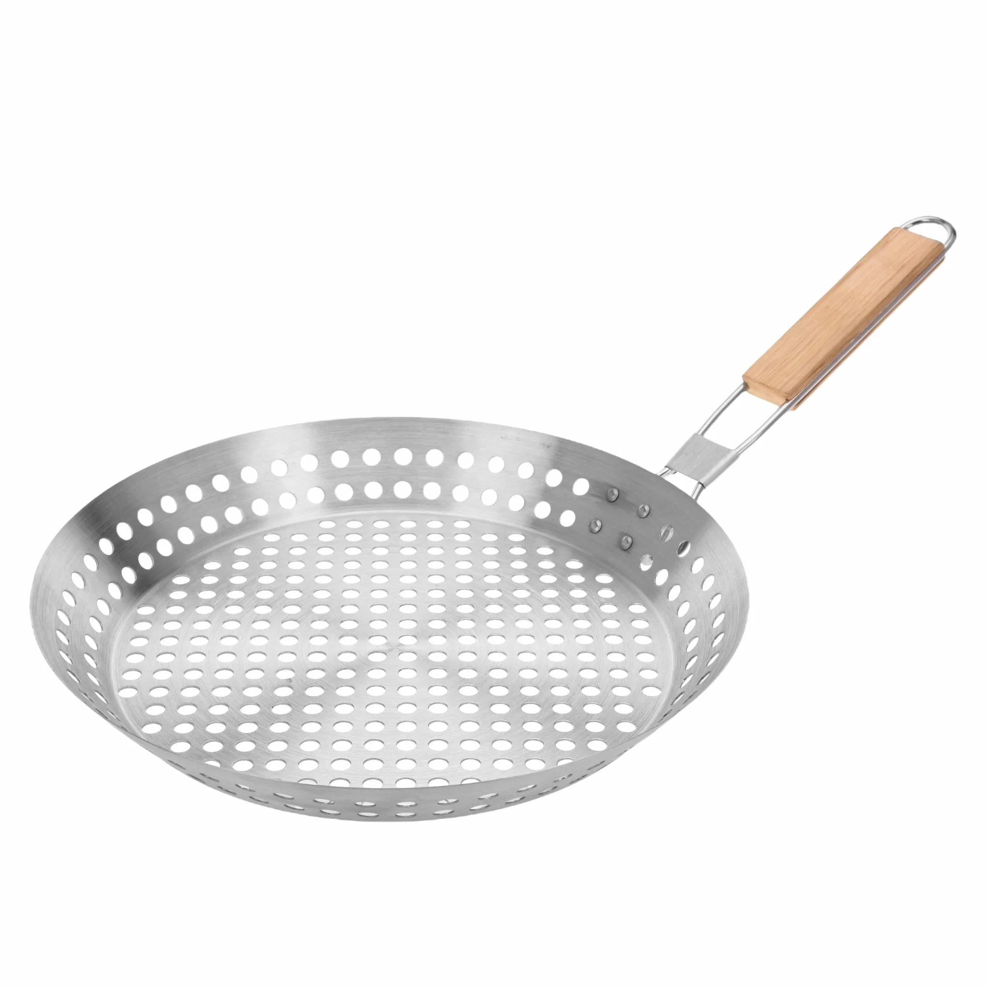 Patelnia grillowa z perforowaną powierzchnią ze stali nierdzewnej ze składanym drewnianym uchwytem, Ø 30 cm, idealna do grillowania