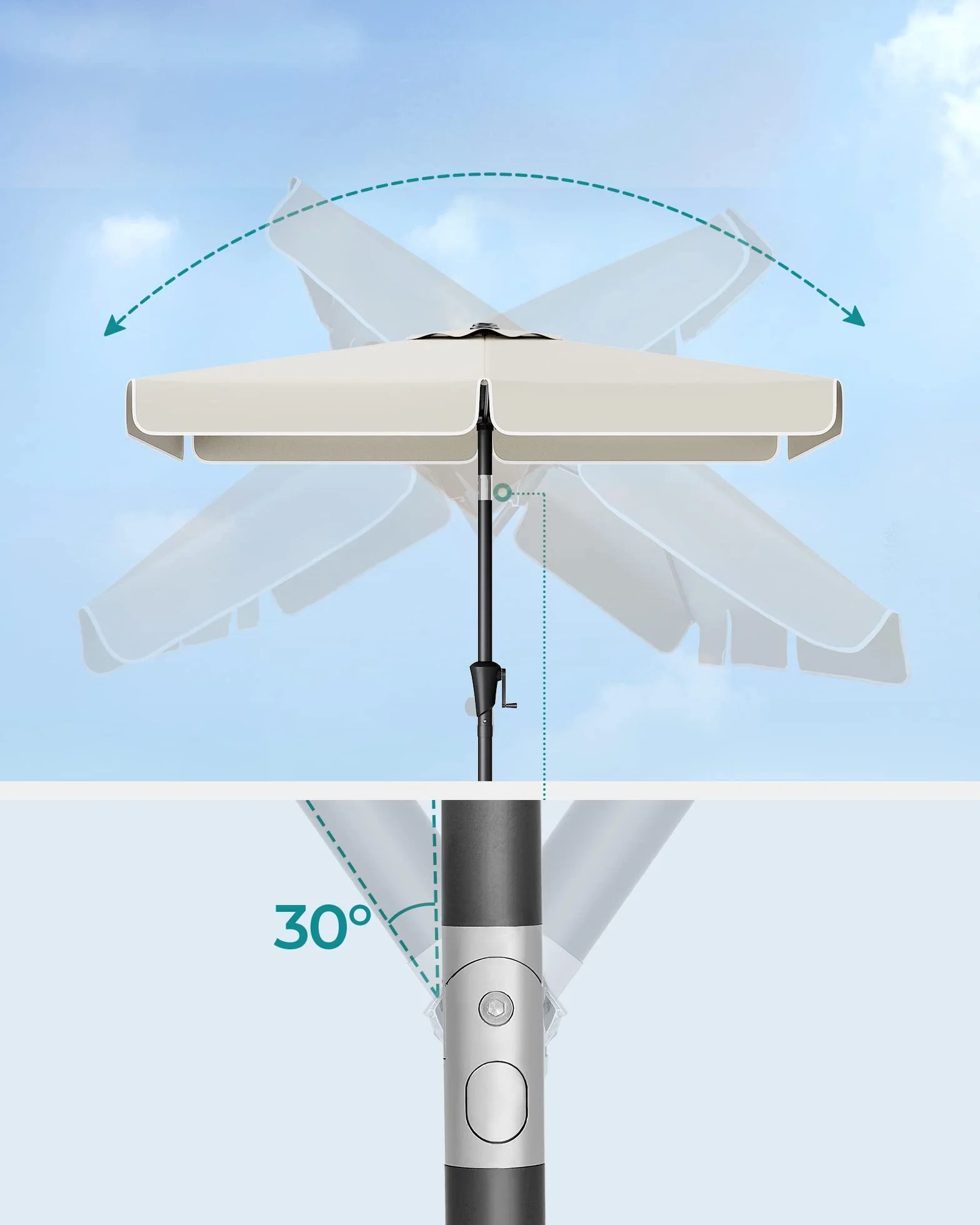 SONGMICS parasol 200 x 150 cm, prostokątny parasol balkonowy, ochrona przeciwsłoneczna UPF 50+, wygięty w obie strony o 30°, do ogrodu, na taras, bez stojaka, beżowy GPU048M01