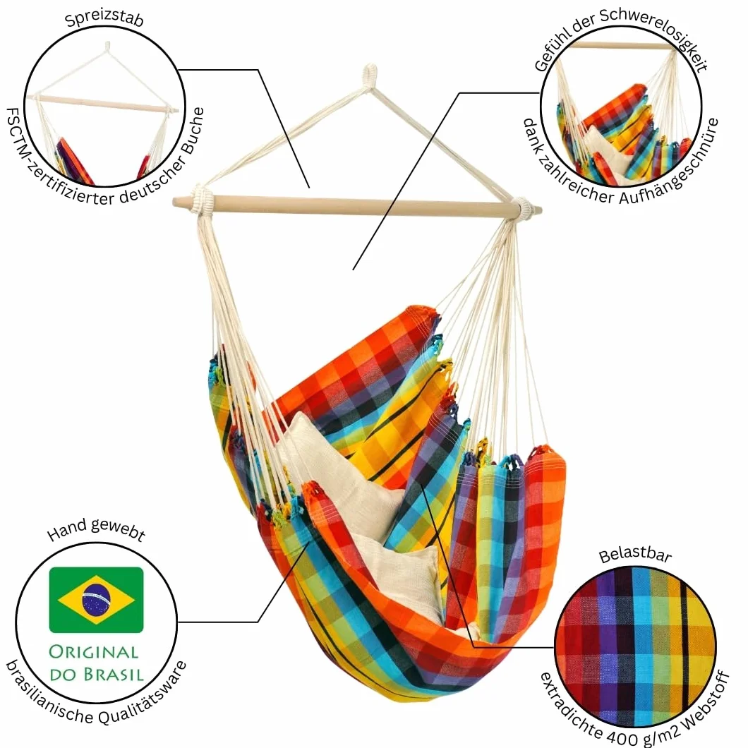 XL fotel wiszący Brasil duża powierzchnia siedzenia 150 kg 1,6 m x 1,3 m