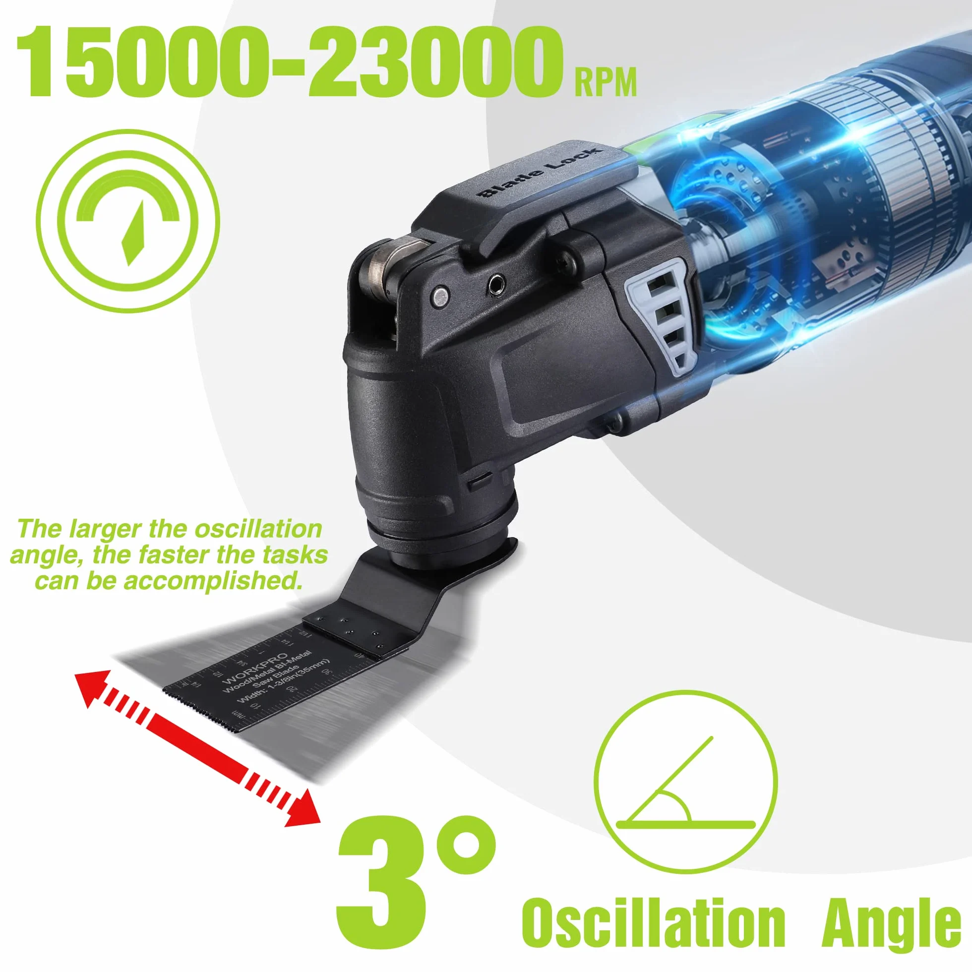 WORKPRO Wielofunkcyjne narzędzie oscylacyjne 300W, 7 regulowanych prędkości, z 17 akcesoriami, kąt oscylacji 3°, mechanizm szybkiej wymiany ostrza do piłowania, skrobania, kształtowania, polerowania