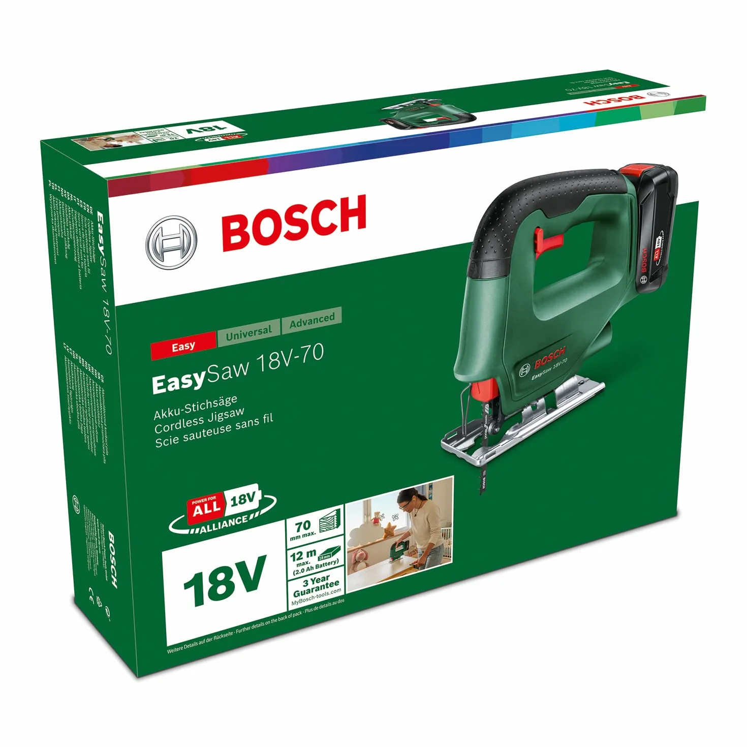 Bosch EasySaw akumulatorowa wyrzynarka 18V-70 (akumulator 2,0 Ah, system 18 V, z 1 brzeszczotem do wyrzynarki, ładowarka AL 18 V-20, w kartonie)