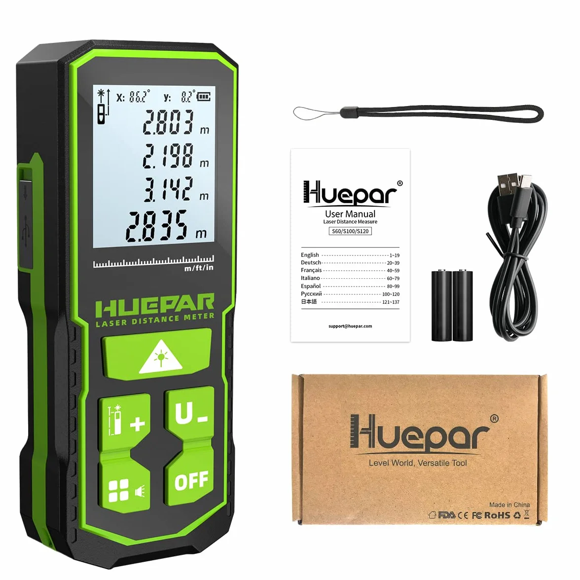 Huepar Laser Distance Measure 393Ft(120M) with Rechargeable Battery & Dual Angle Display, Laser Measure M/In/Ft with Mute Function & Multi-Measurement Modes, Pythagorean, Distance, Area&Volume-S120