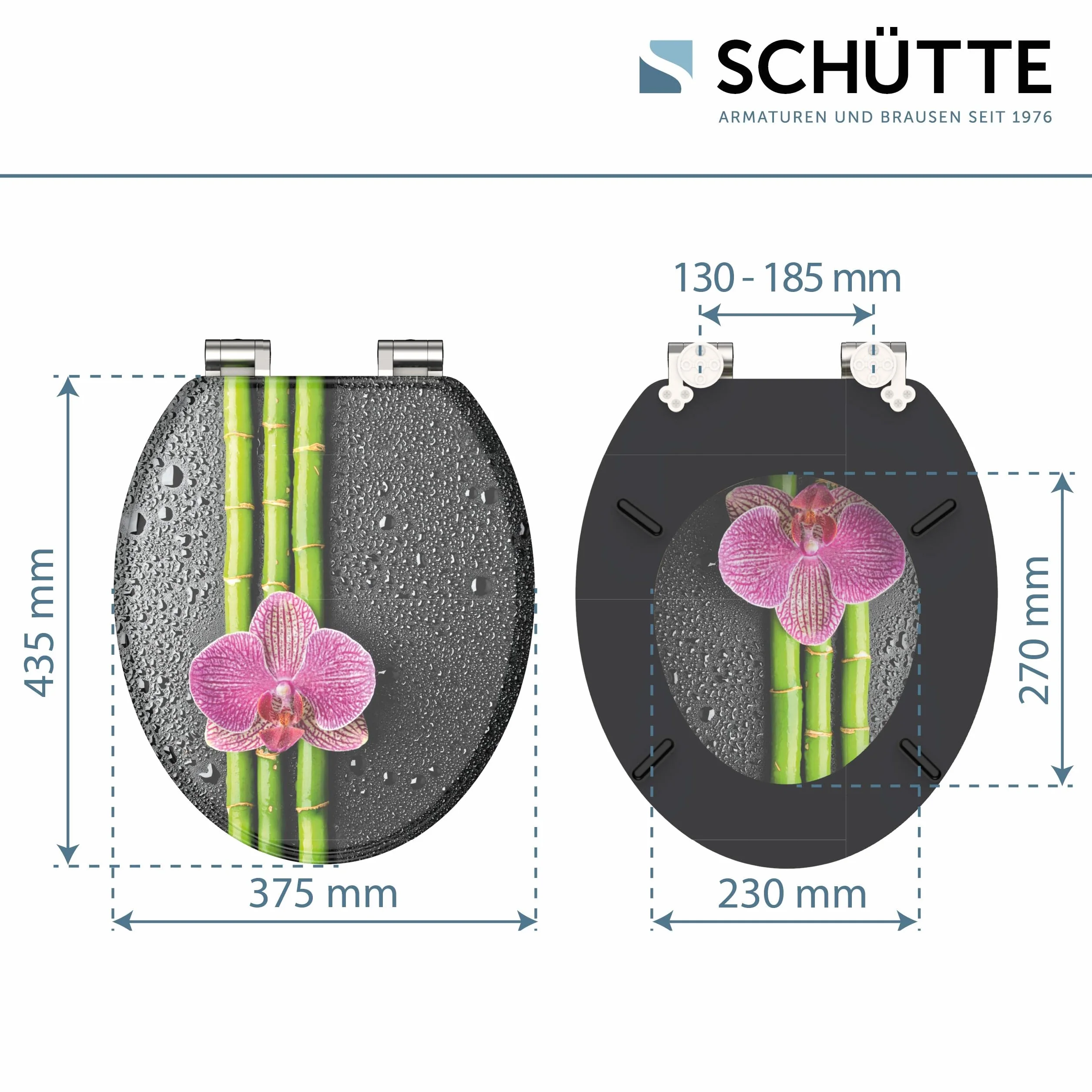 SCHÜTTE deska sedesowa drewniana ASIA, deska sedesowa z mechanizmem cichego domykania, pasuje do wielu standardowych misek WC, maks. obciążenie deski 150 kg, motyw orchidei 80121
