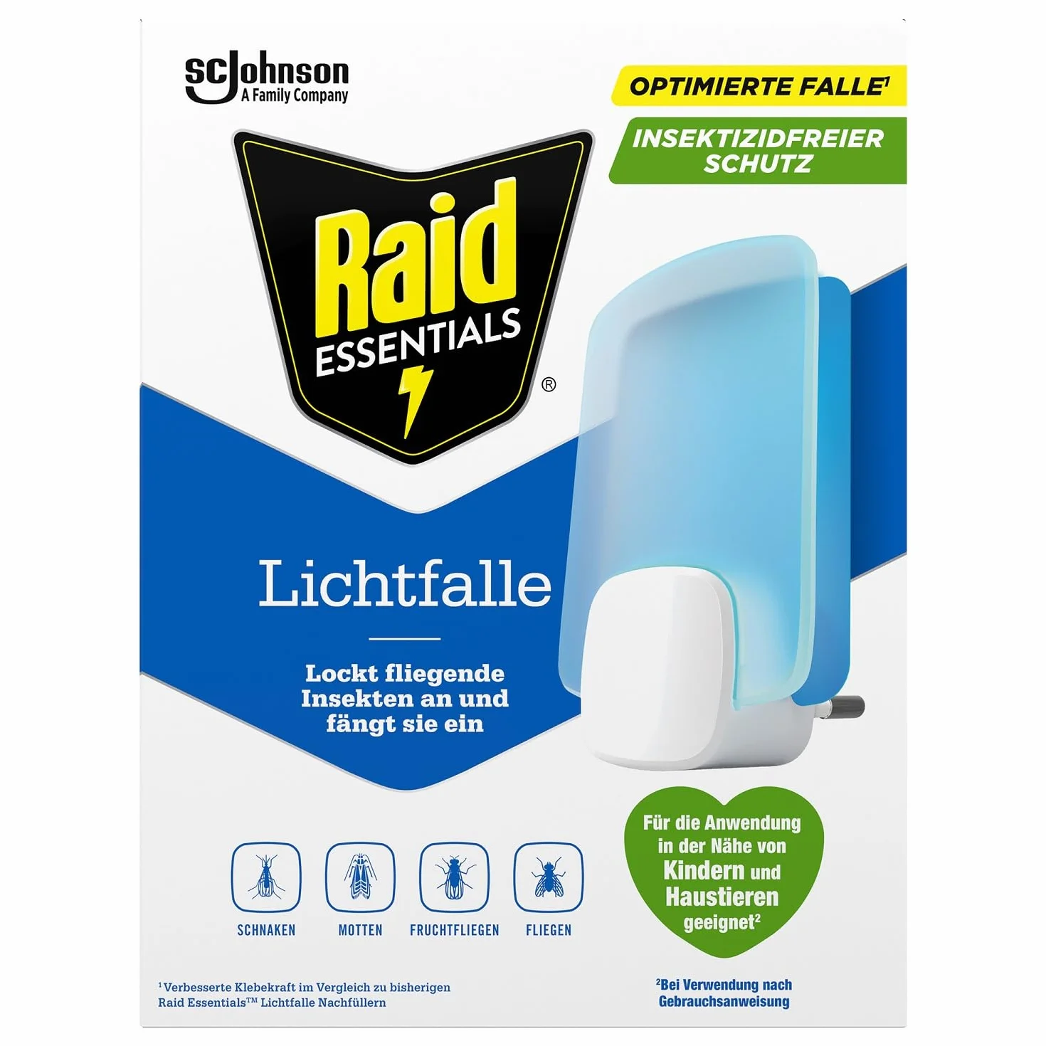 Raid Essentials pułapka świetlna LED na muchy, muszki owocówki i mole, ochrona 24/7, bezzapachowa, 1 szt.