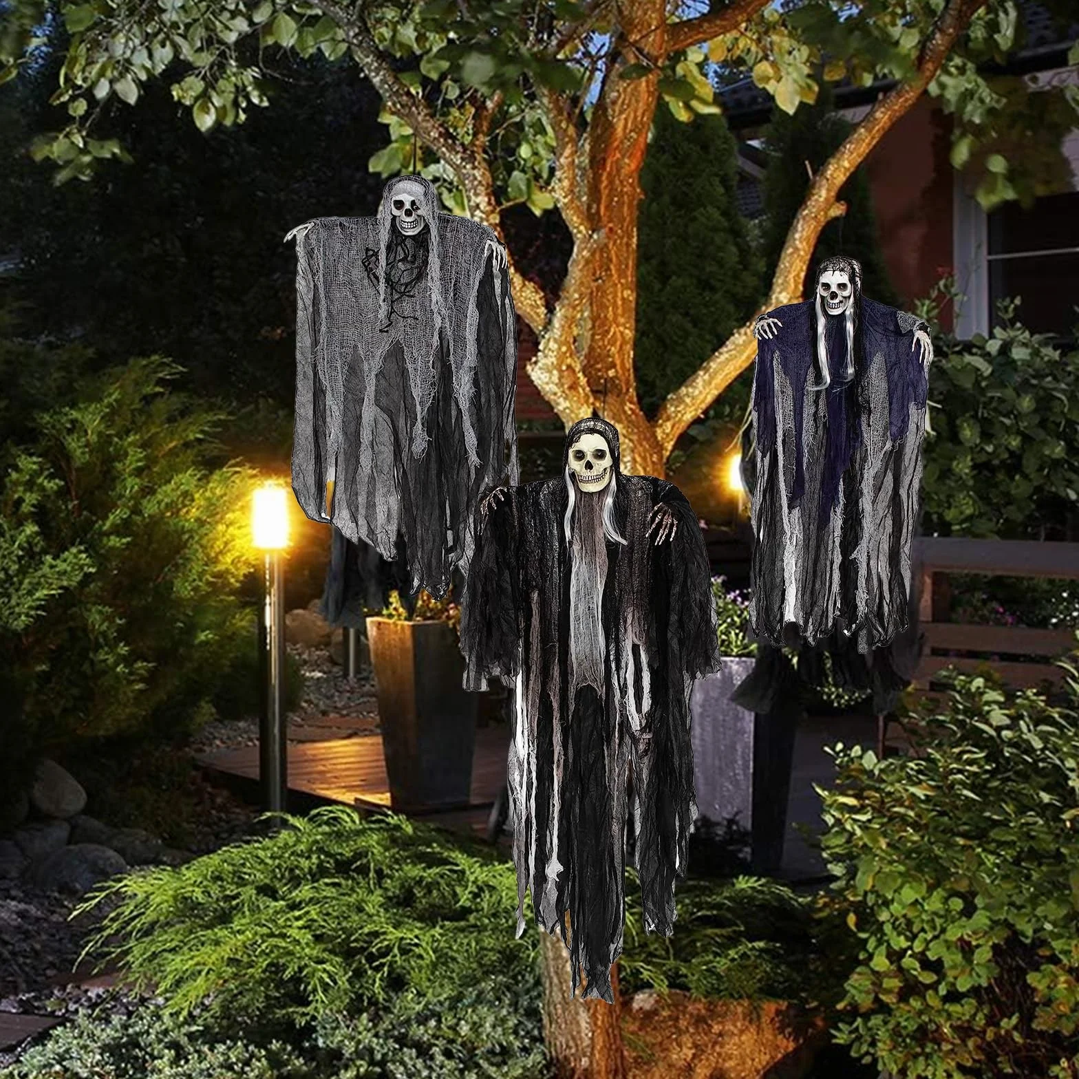Zestaw 3 wiszących duchów Halloween, ogromny wiszący szkielet, dekoracje ogród dom (2,5 x 135 cm, 5 x 89 cm)