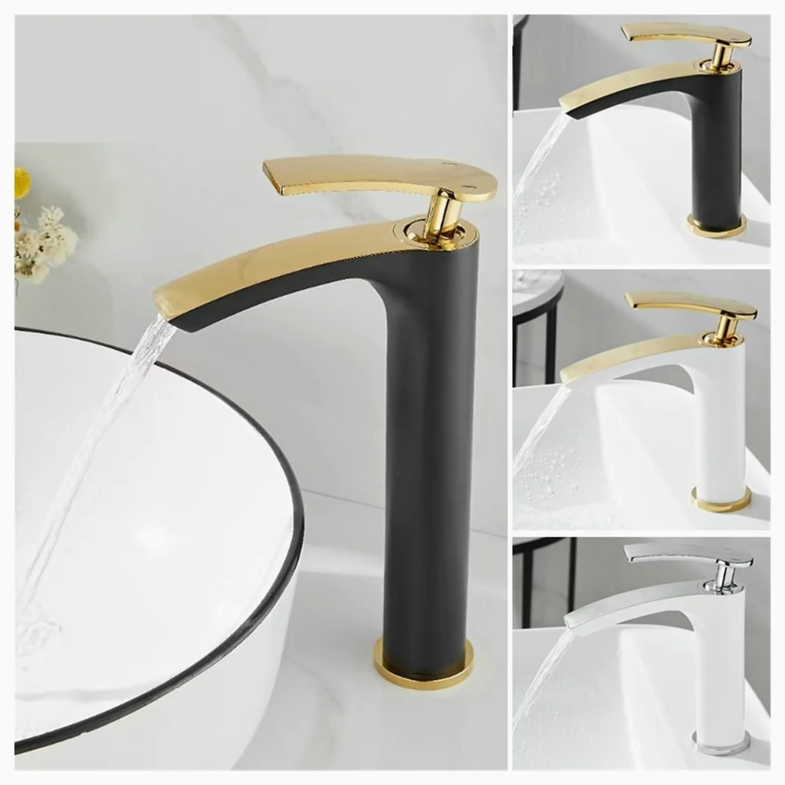 Kran kuchenny, Bateria umywalkowa Mosiężna na gorąco, biała/chromowana/czarna/złota Baterie łazienkowe typu wodospad(Black gold high)