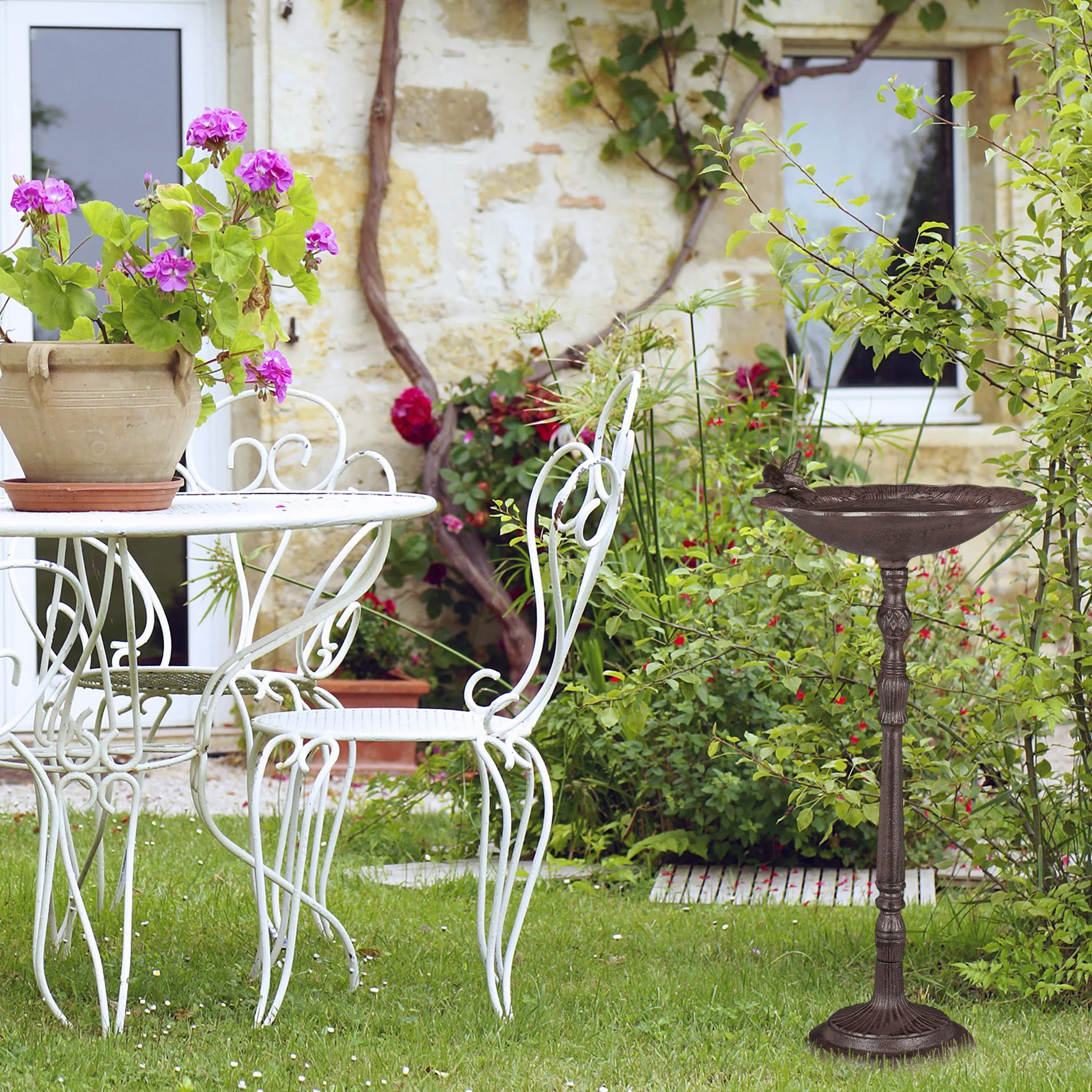 Relaxdays Poidło dla ptaków żeliwne ze stojakiem antyczny design wysokość 74,5 cm brązowe
