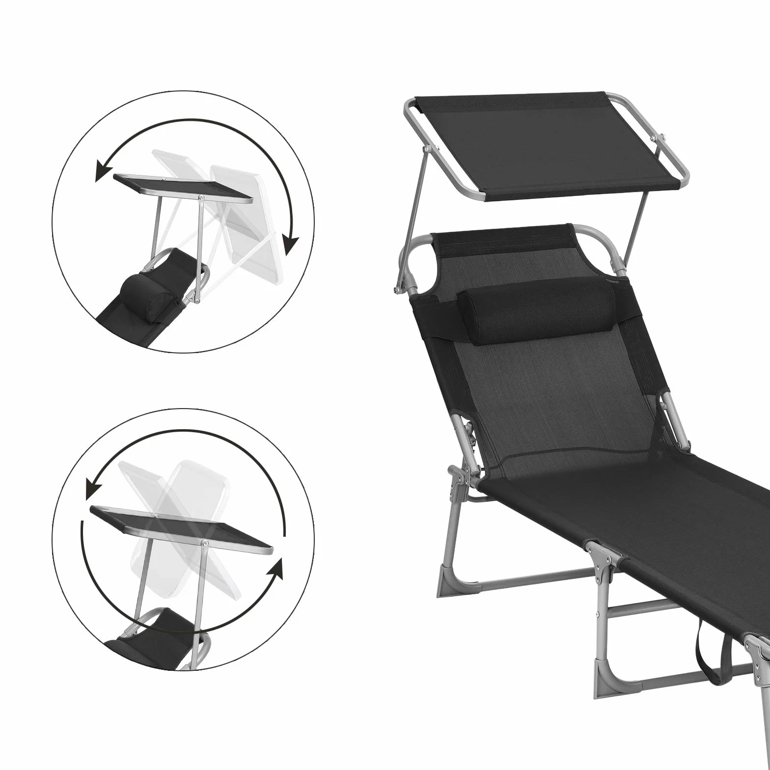 SONGMICS Leżak do opalania, leżak relaksacyjny z zagłówkiem, oparciem i parasolem, odchylany, lekki, składany, 53 x 193 x 29,5 cm, obciążenie 150 kg, do ogrodu, czarny GCB192B01
