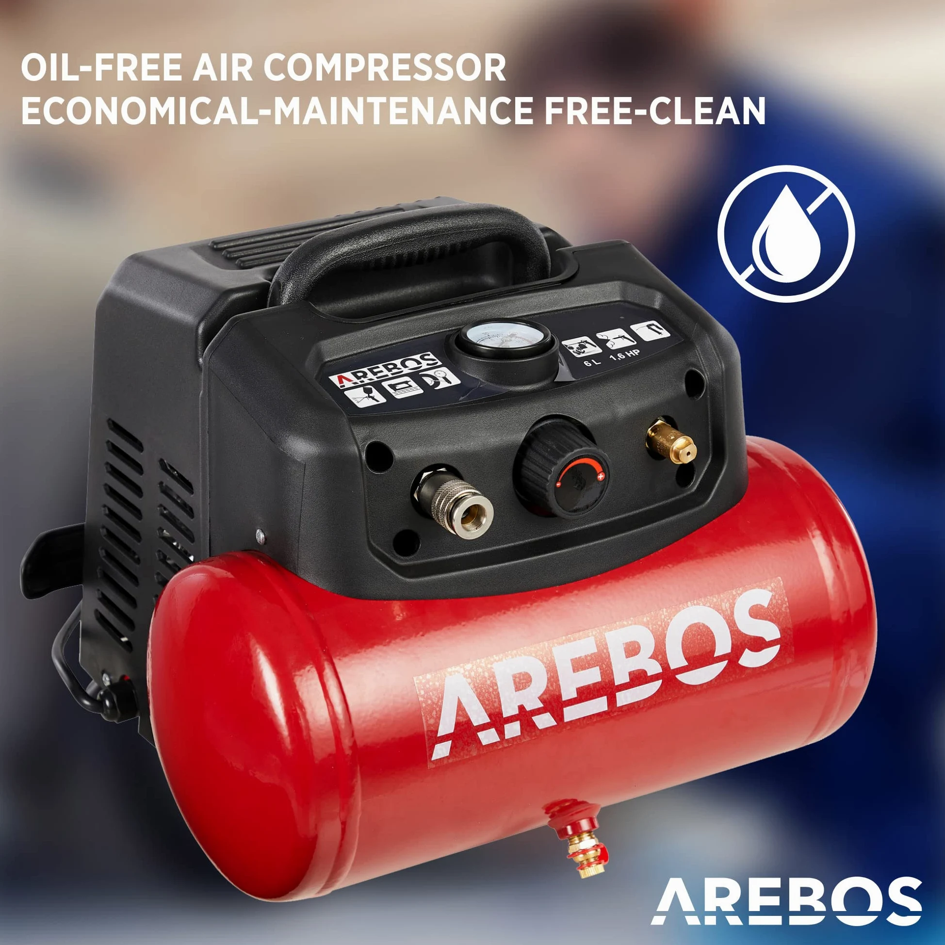 Arebos Sprężarka powietrza 6L Sprężarka 1200W | z 13-częściowym zestawem narzędzi pneumatycznych | automatyczne wyłączanie | bardzo długi wąż powietrza | bezolejowa | sprężarka powietrza 8 bar