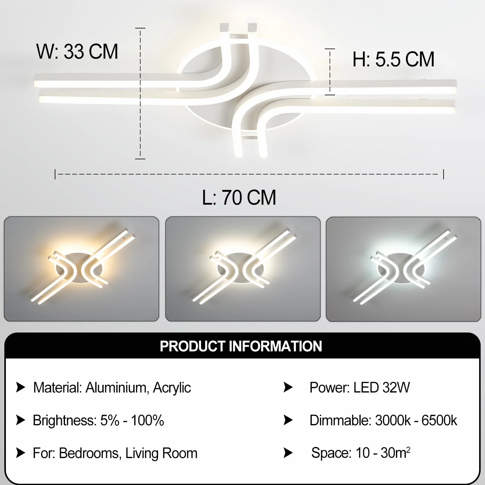 LED Ściemnialna Lampa sufitowa, 32W 3200lm Nowoczesna Ściemnialna Lampa sufitowa Z pilotem, 70cm Lampy sufitowe do salonu Sypialni Kuchni Korytarza Oświetlenie Oprawa, Czarny A