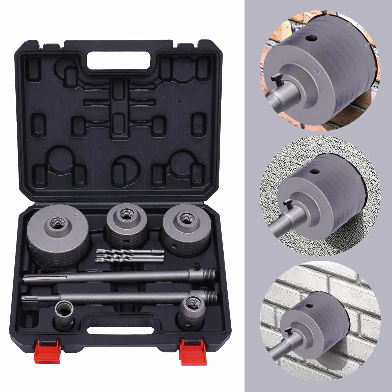 Zestaw 9 otwornic do betonu, Ø 30/40/68/80/100 mm, wiertło i adapter SDS-Plus, zestaw wierteł do betonu, wiertło rdzeniowe