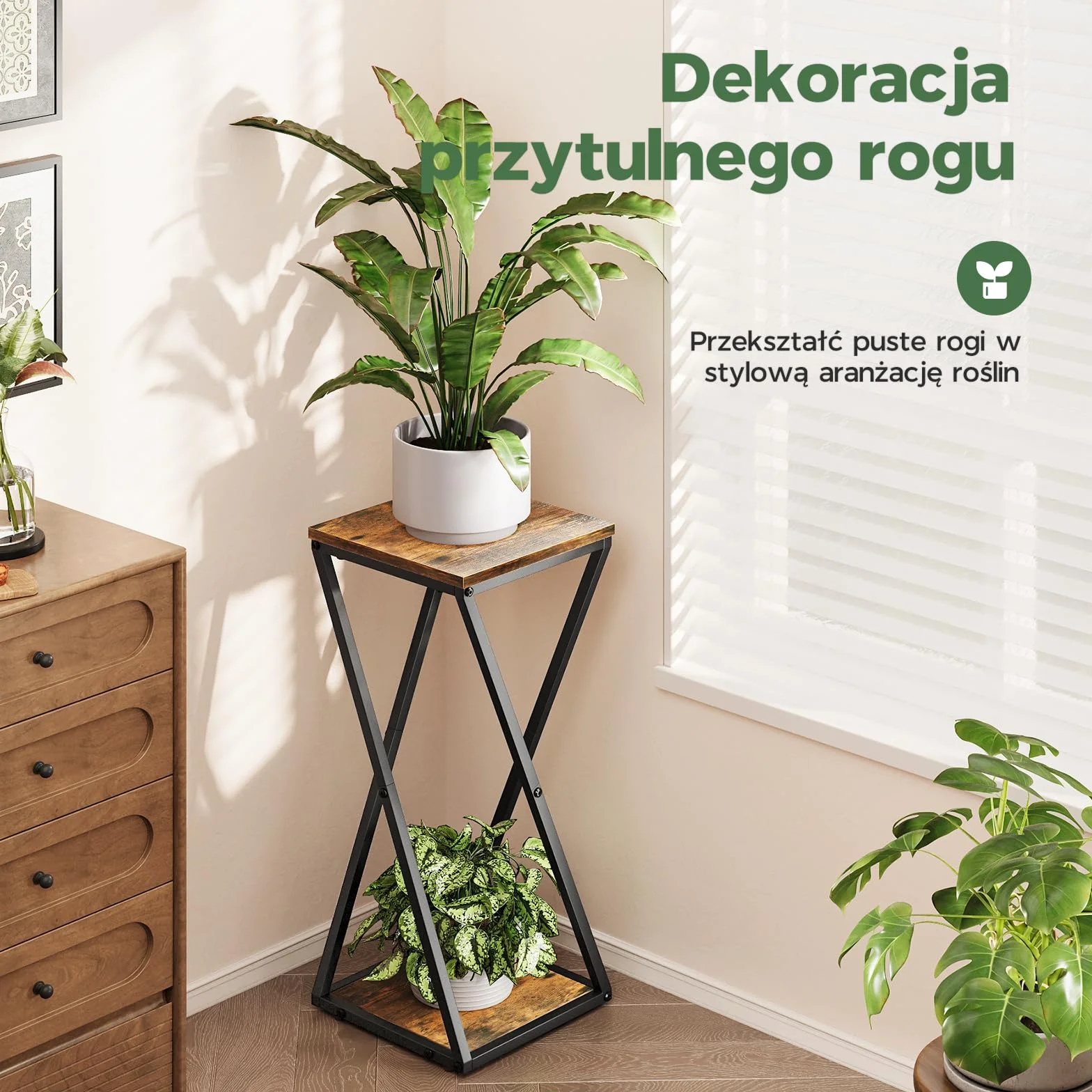 Bamworld Stojak na Kwiaty Wewnętrzny 2-Poziomowy Narożny Metalowy z Półkami na Rośliny do Mieszkania Stojak Ogrodowy Balkon