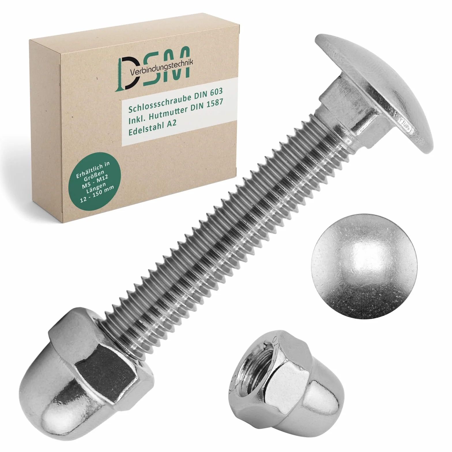 DSM – śruby zamkowe M12 x 65 mm zgodnie z normą DIN 603 – nakrętki DIN 1587 – stal szlachetna A2/V2A – pełny gwint – śruby z łbem płaskim z nasadką czworokątną – nakrętki kopułowe – wysoki kształt